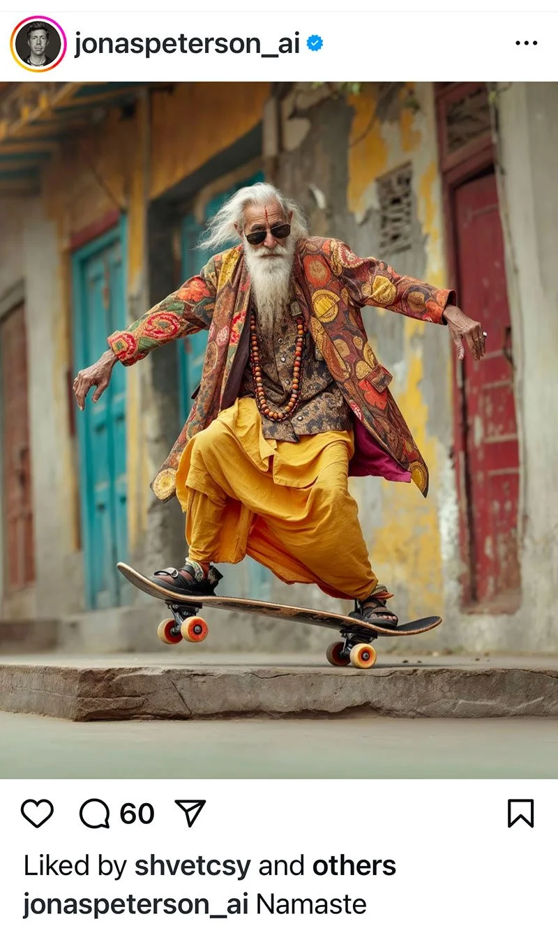 AI-generated artwork by Jonas Peterson showing an elderly spiritual figure in colorful traditional clothing and long white beard skateboarding against weathered urban backdrop