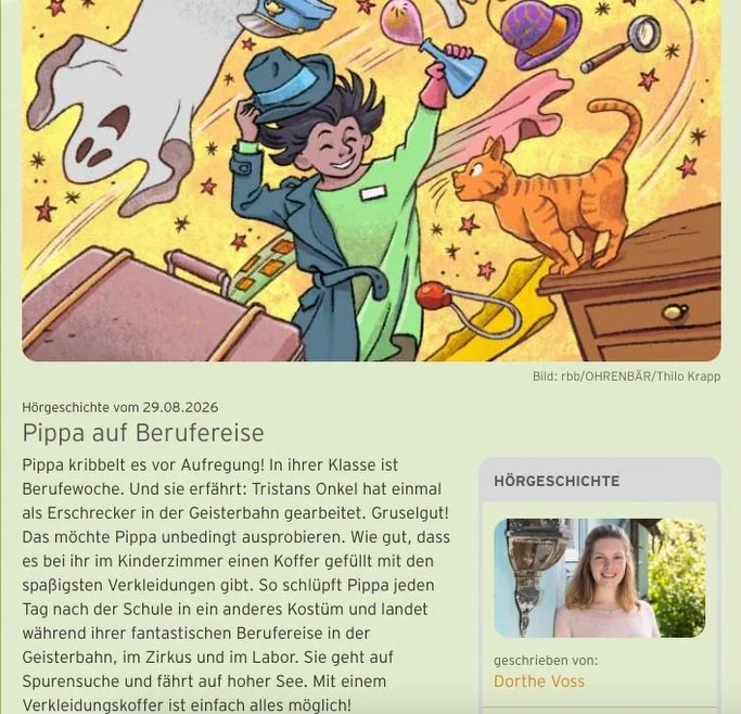 👻 PIPPA AUF BERUFEREISE 🎪

Juhuu! Morgen, also am 29.8.26, gibt es eine neue Ohrenb&auml;r-H&ouml;rgeschichte von mir 🥳 Gelesen werden die 5 Folgen rund um Pippa und ihren Verkleidungskoffer von @merete_brettschneider 🙏🏻 Ich freue mich schon RIE