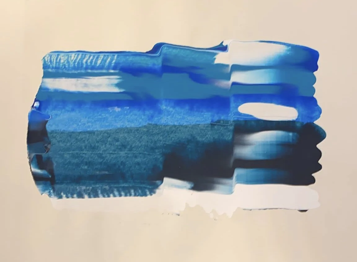 Abstract artwork with horizontal blue and black streaks on a white background.