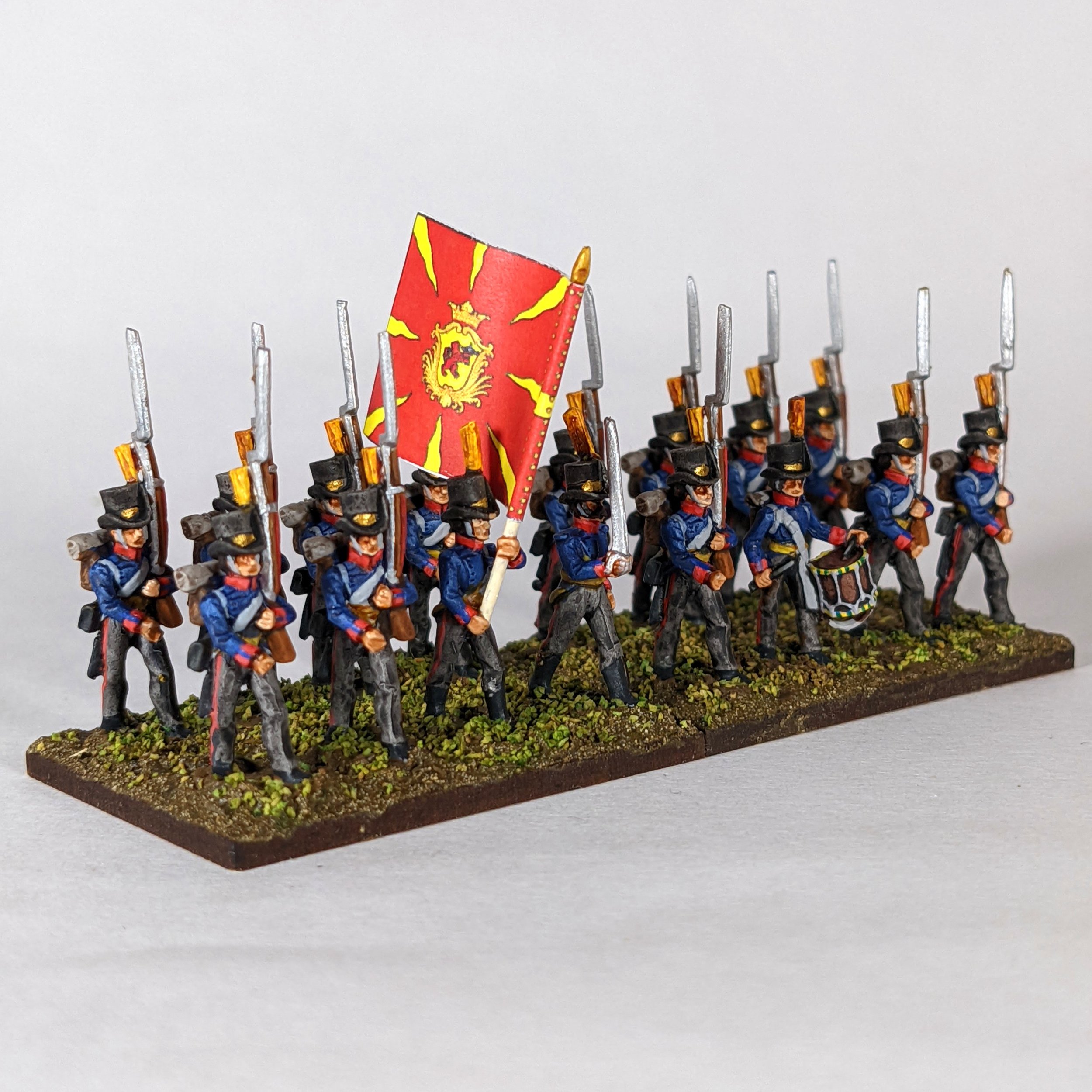 1810 Swedish Uniforms, Napoleonic Sweden, Kalmar Regiment, Minifigs, Front View, Full Painted, Kompanifana Flag