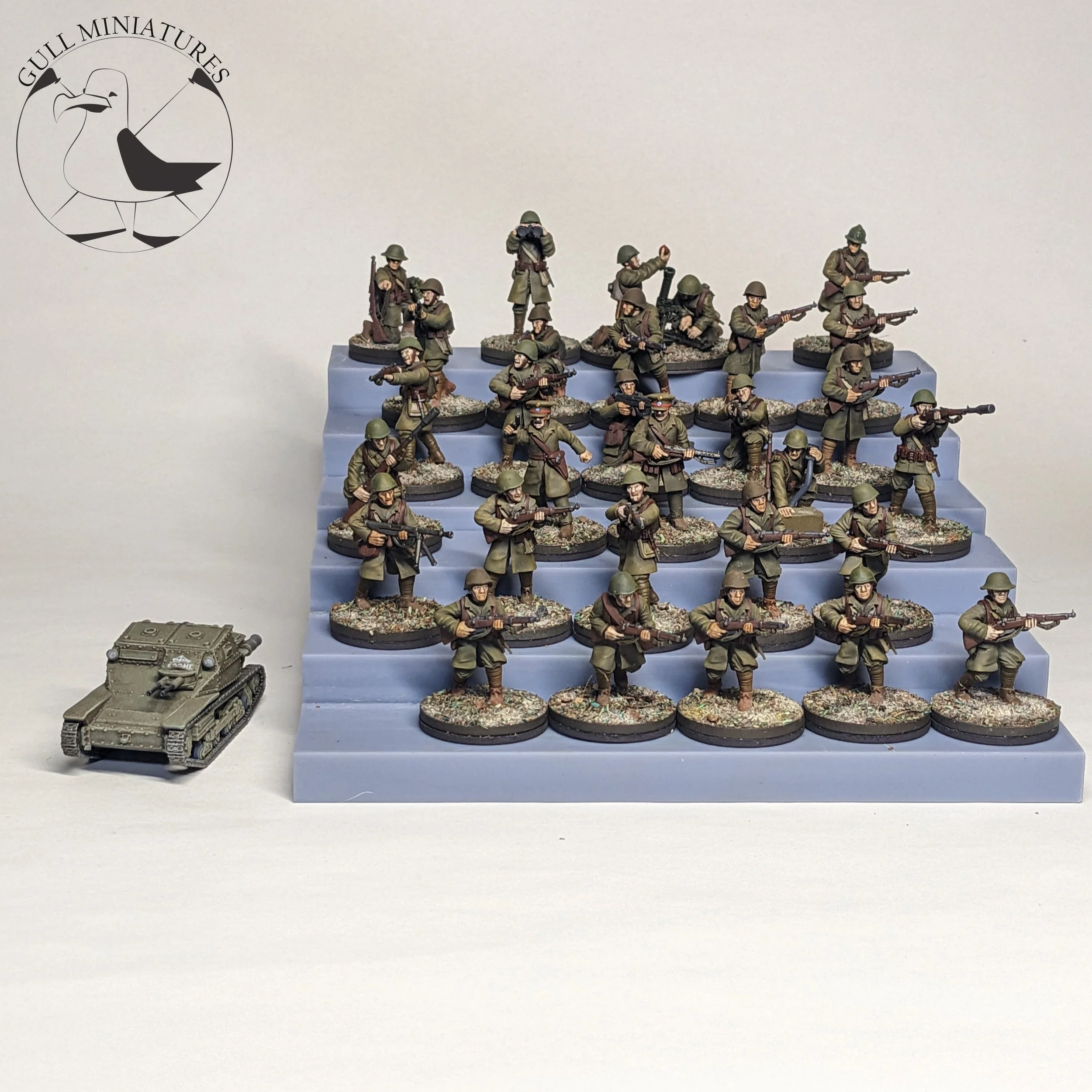 Front view of a platoon comprising:

Two 10 man Infantry Squads, each with a Chauchat lmg team
Two Officers, one with SMG other with Pistol
One Forward Artillery Officer
One 3 man Medium Mortar Team
One Spotter
Two Infantrymen armed with VB Launchers