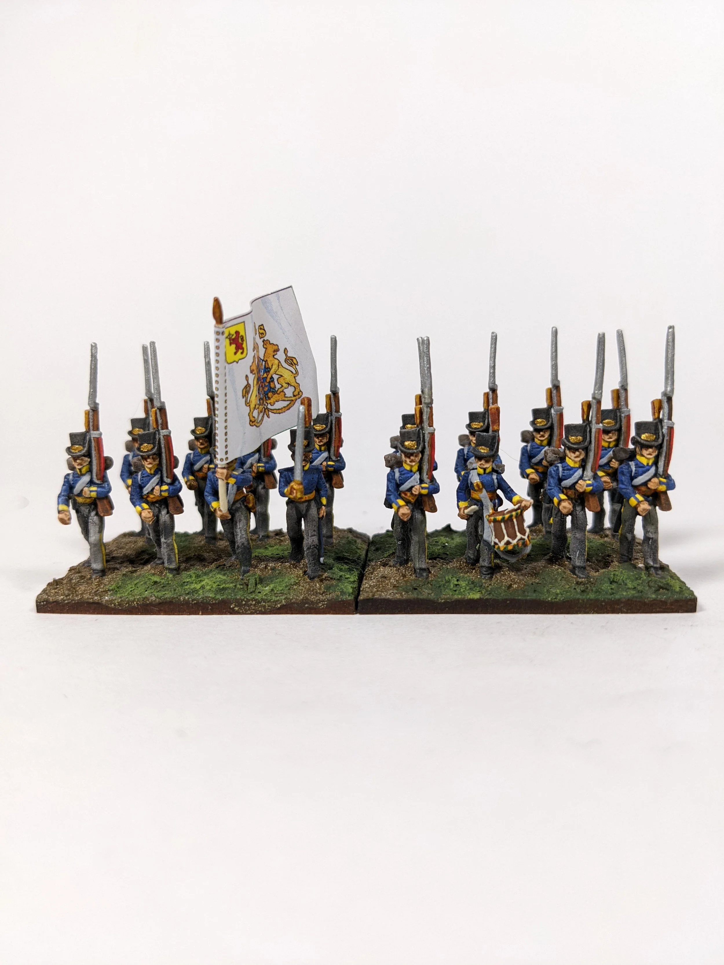 1810 Swedish Uniforms, Napoleonic, Kronoberg Regiment, Minifigs, Front View, Full Painted, Liffana Flag, Gull Miniatures