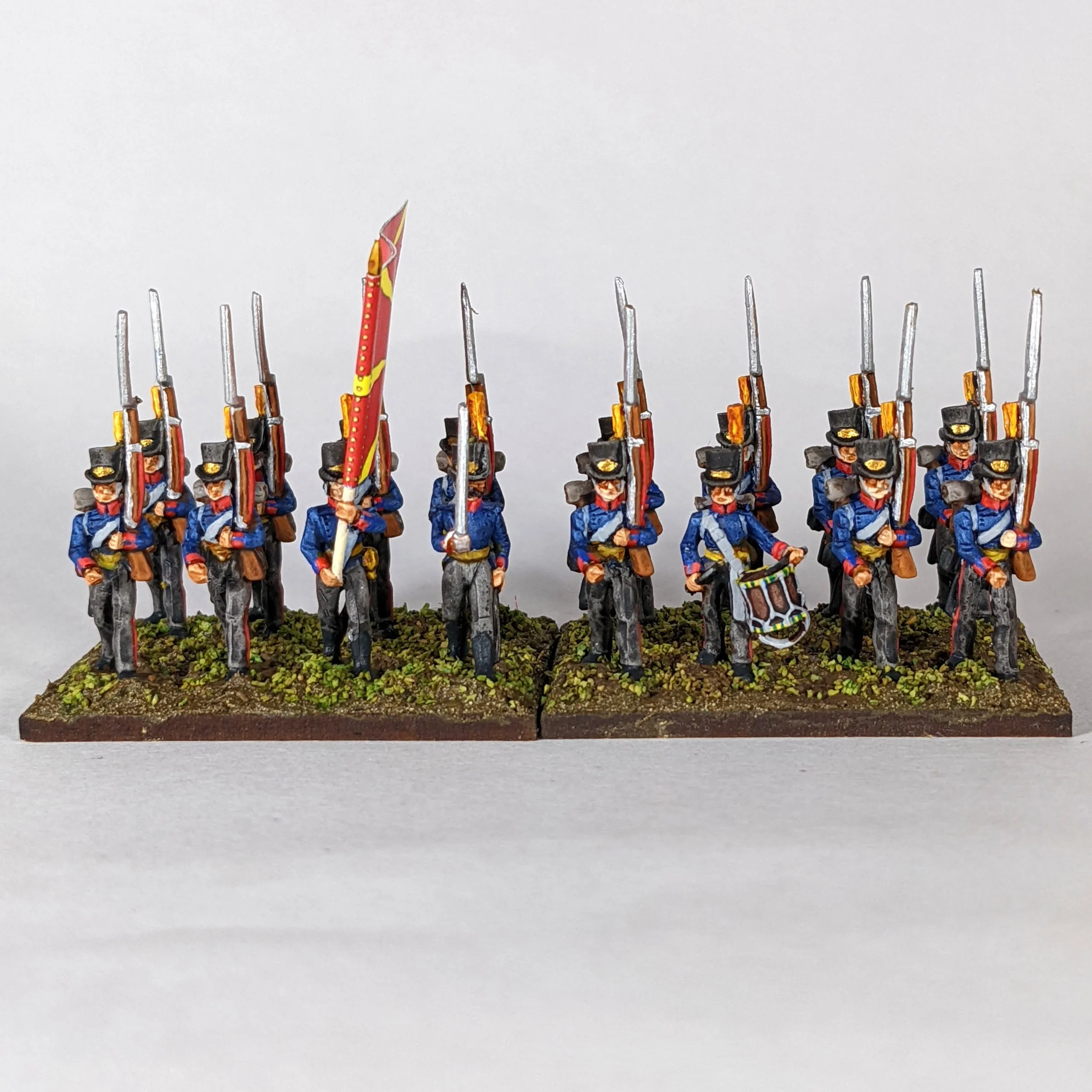 1810 Swedish Uniforms, Napoleonic Sweden, Kalmar Regiment, Minifigs, Front View, Full Painted, Kompanifana Flag