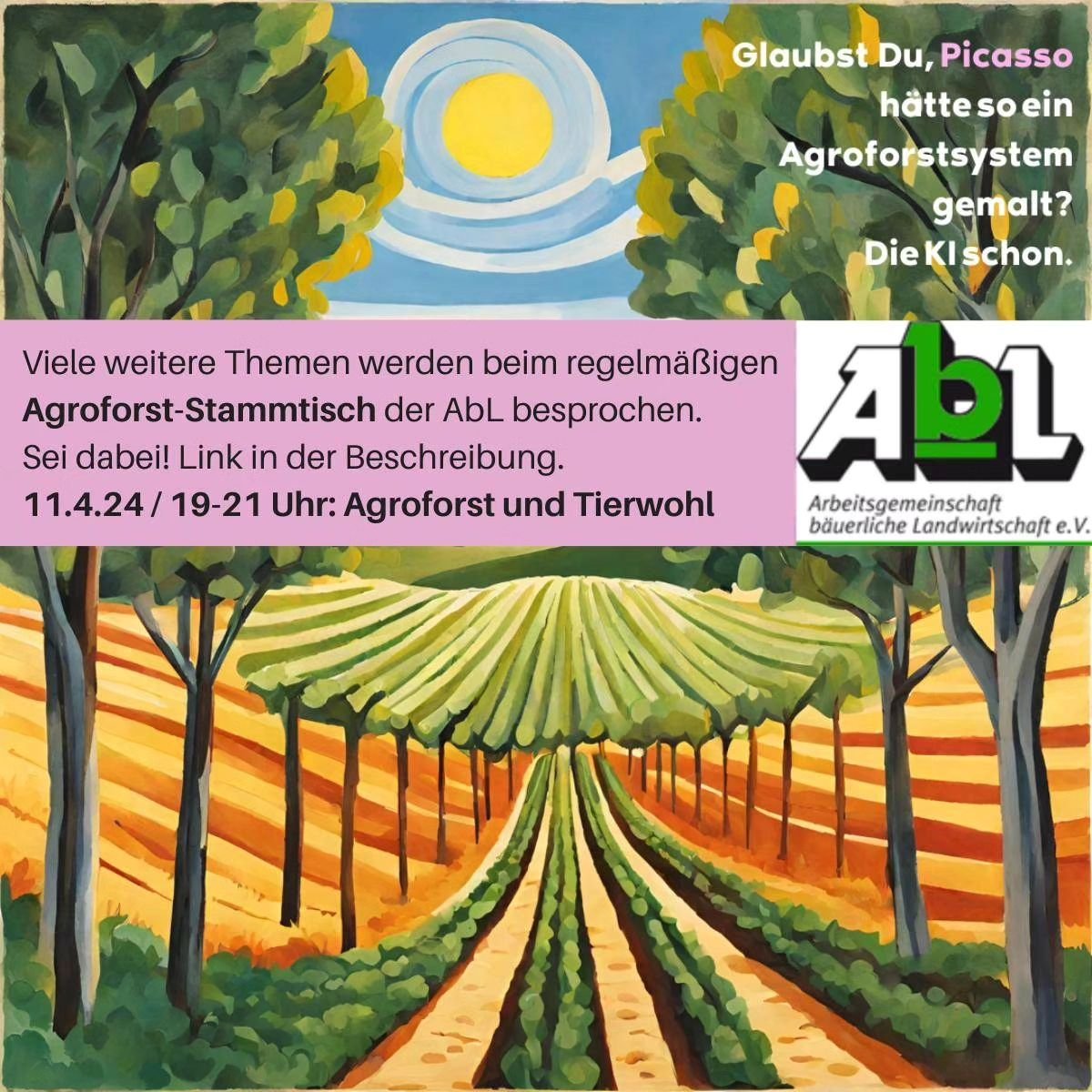 S T A M M T I S C H

Am 11.4. um 19 Uhr findet ein digitaler Stammtisch der AG Agroforst und landwirtschaftliche Geh&ouml;lze der @abl_ev_de zum Thema &quot;Tierwohl und Agroforst&quot; statt. 

@triebwerk_agroforst_relawi ist mit einem Impulsvortrag