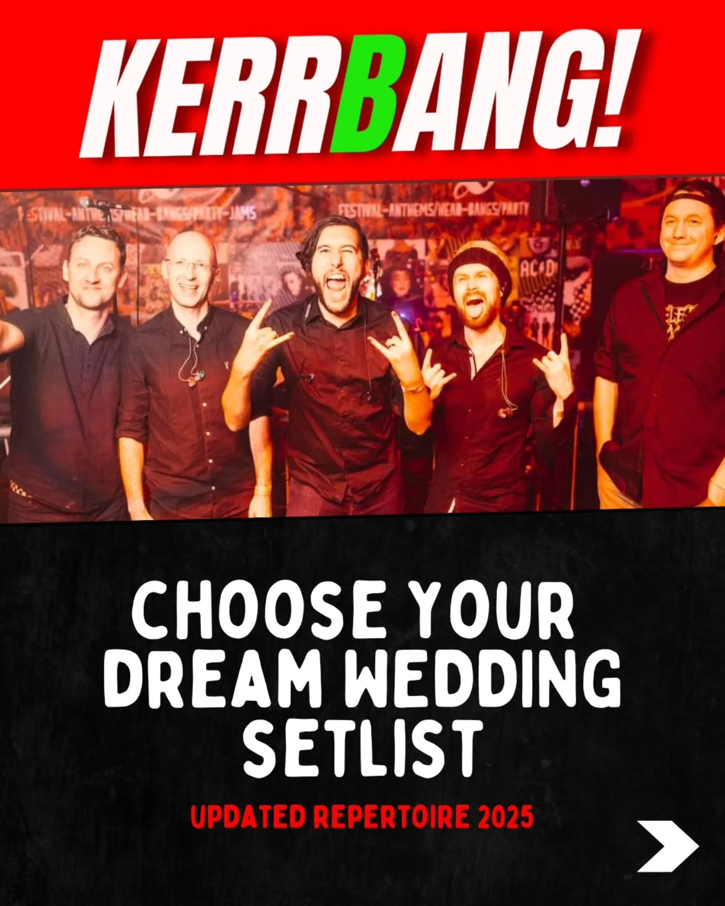 🤘💥 UPDATED SONG LIST! Want a wedding band that plays the nu-metal, pop punk, emo and rock anthems you grew up with?

KERRBANG! play 2x45min sets and your guests are invited to join us for as much live band karaoke as you like!

We are based in Suss