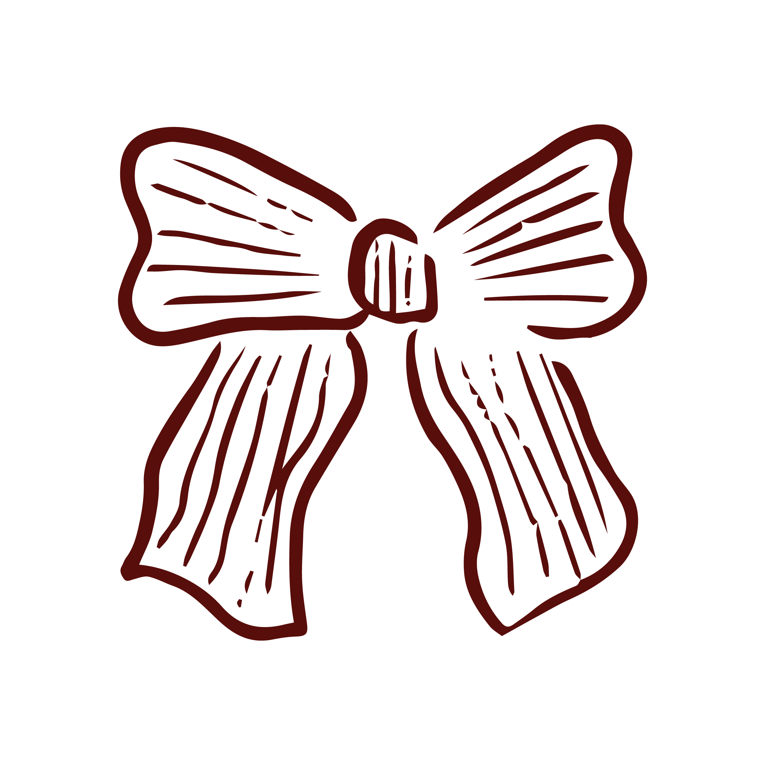 A digital illustration of a ribbon bow with parallel lines, outlined in dark red, against a black background.