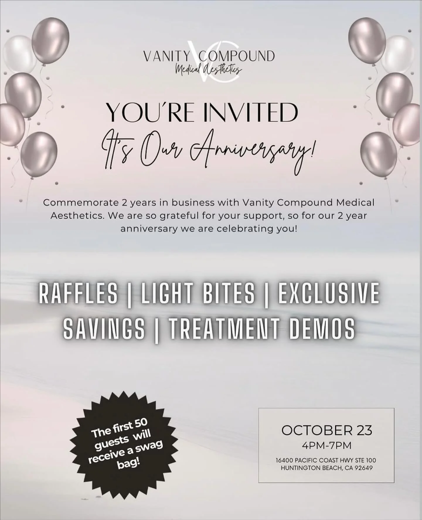 TWO YEARS of @vanitycompound! Celebrate this Thursday (Oct 23) from 4–7PM π₯³
β¨ Swag bags for the first 50 guests
ποΈ Raffles + exclusive discounts
π΄ Bites & refreshments
RSVP free through their bio or DM them — see you there! π₯