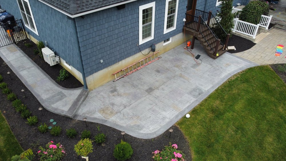Aerial view of a stamped concrete patio by Patrick Breen Masonry and Concrete, South Jersey