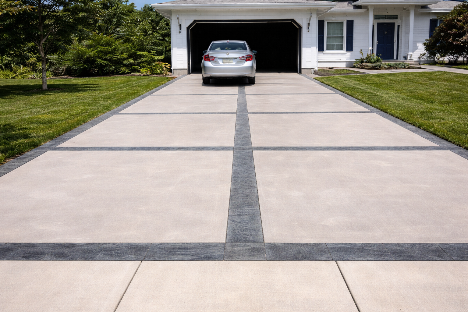 View of a clean, modern concrete driveway with dark border accents leading to a two-car garage, with a silver car parked in the driveway in front of the open garage door. Green lawn and landscaping surround the driveway, and a white house with blue s