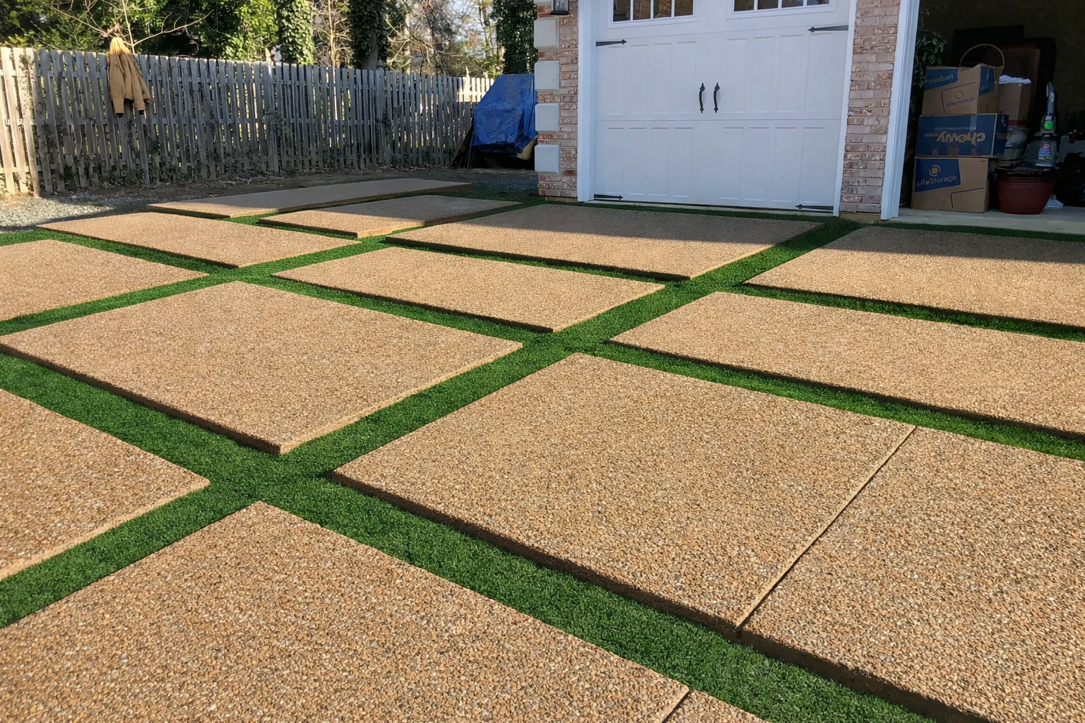 A newly installed decorative concrete driveway with large square pavers separated by green turf strips, in front of a garage door and brick house.