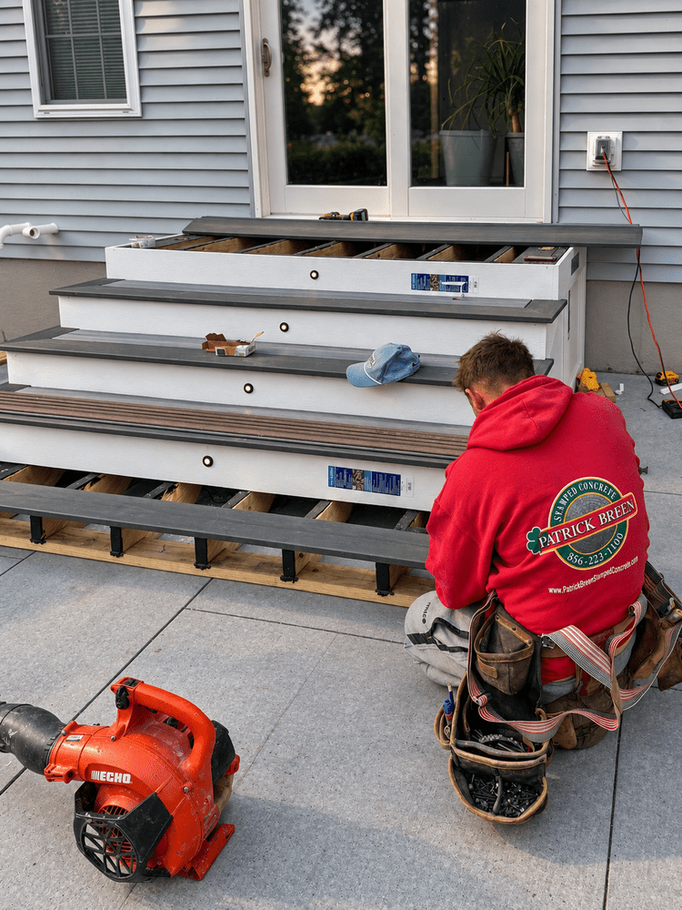 Patrick Breen Masonry & Concrete crew installing Trex steps with riser lights