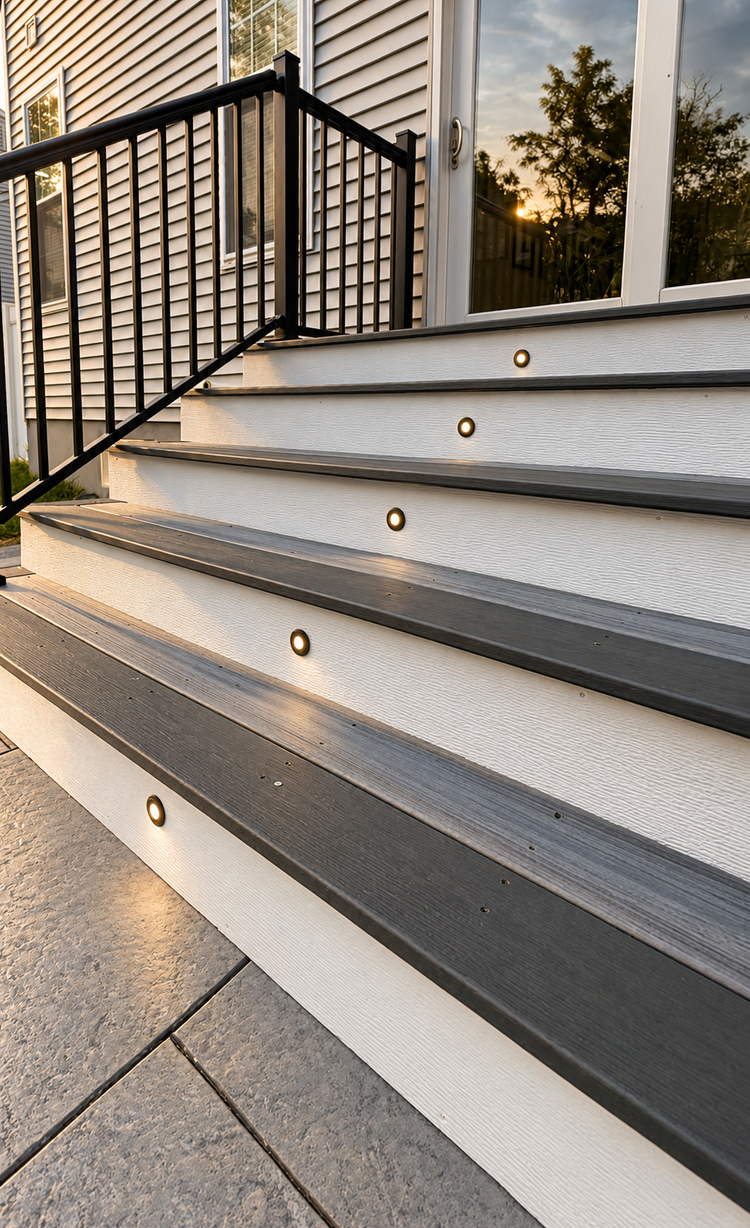 Trex steps with built-in riser lights at dusk