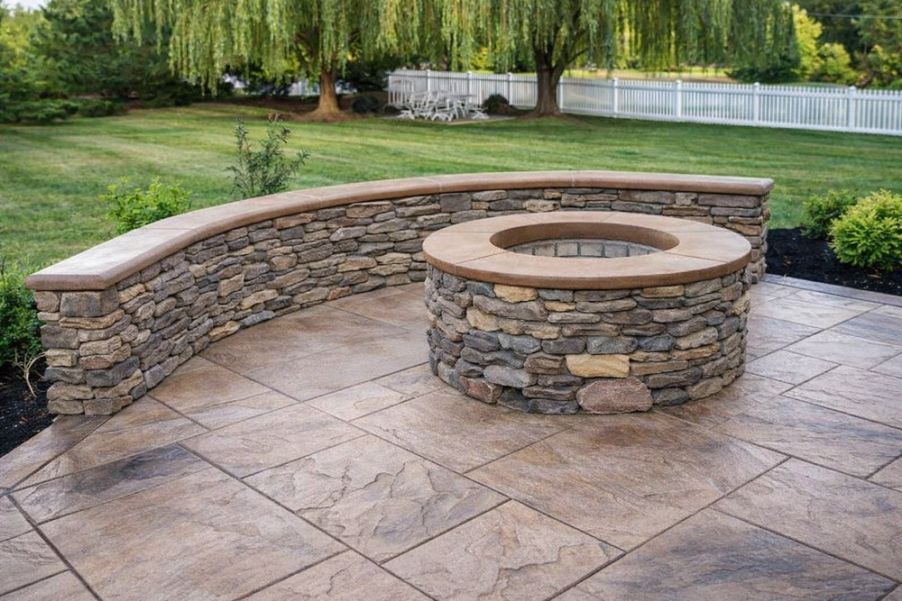 Desert tan patterned stamped concrete patio with fire pit in Washington Township NJ