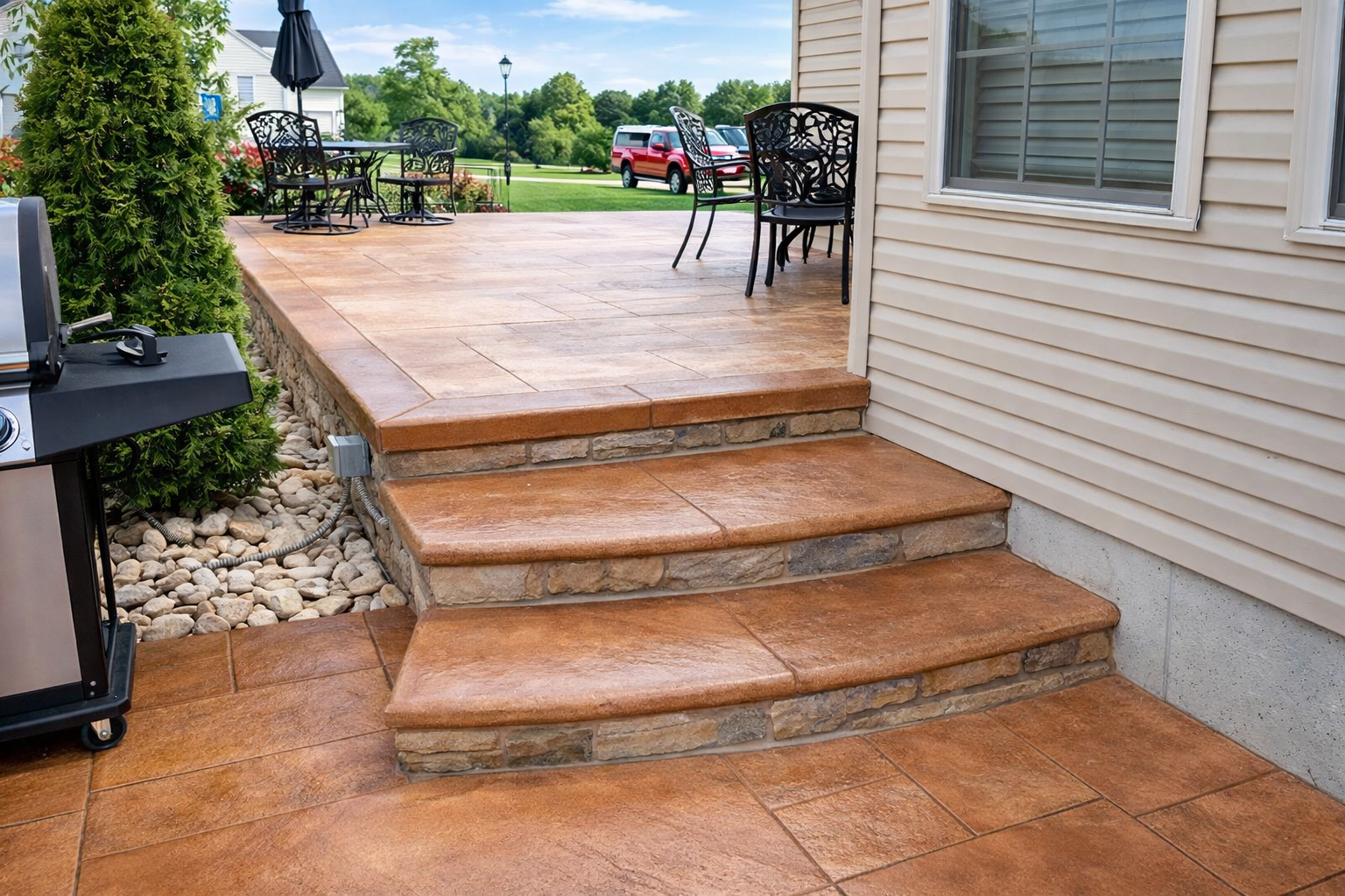 Backyard patio with tiered steps onto a tiled deck, outdoor dining table and chairs, barbecue grill, lush green grass, trees, and a red SUV in the background.
