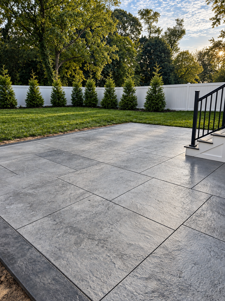 Large ashlar slate stamped concrete patio with a border and Trex steps