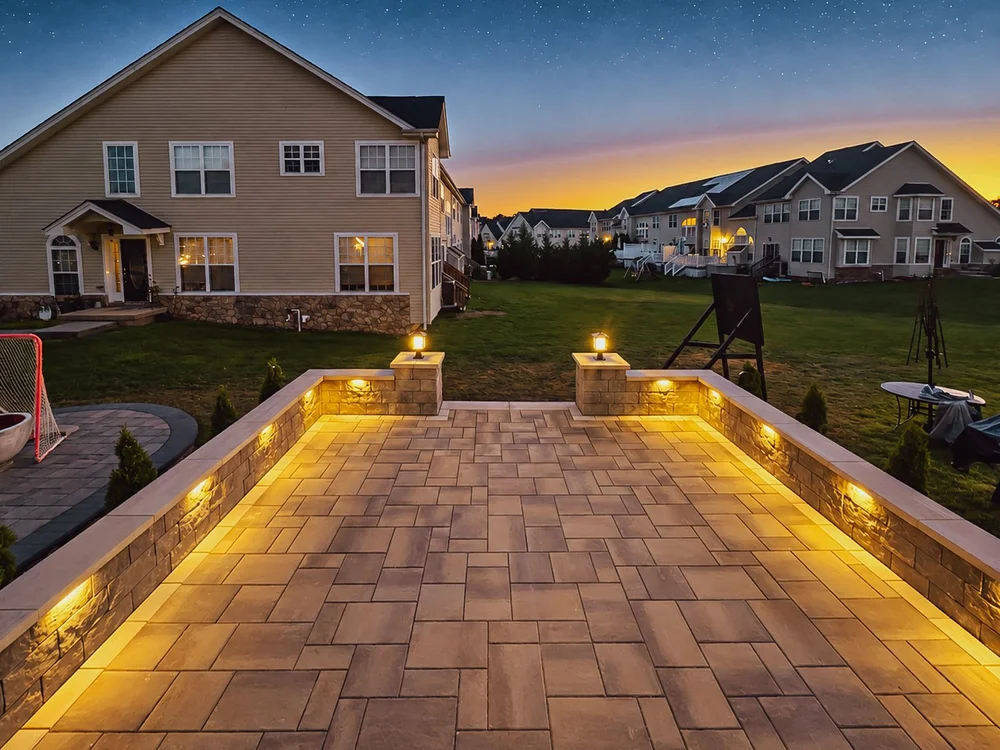Techo-Bloc Blu 60 paver patio in Chestnut Brown with lit retaining walls by Patrick Breen Masonry & Concrete