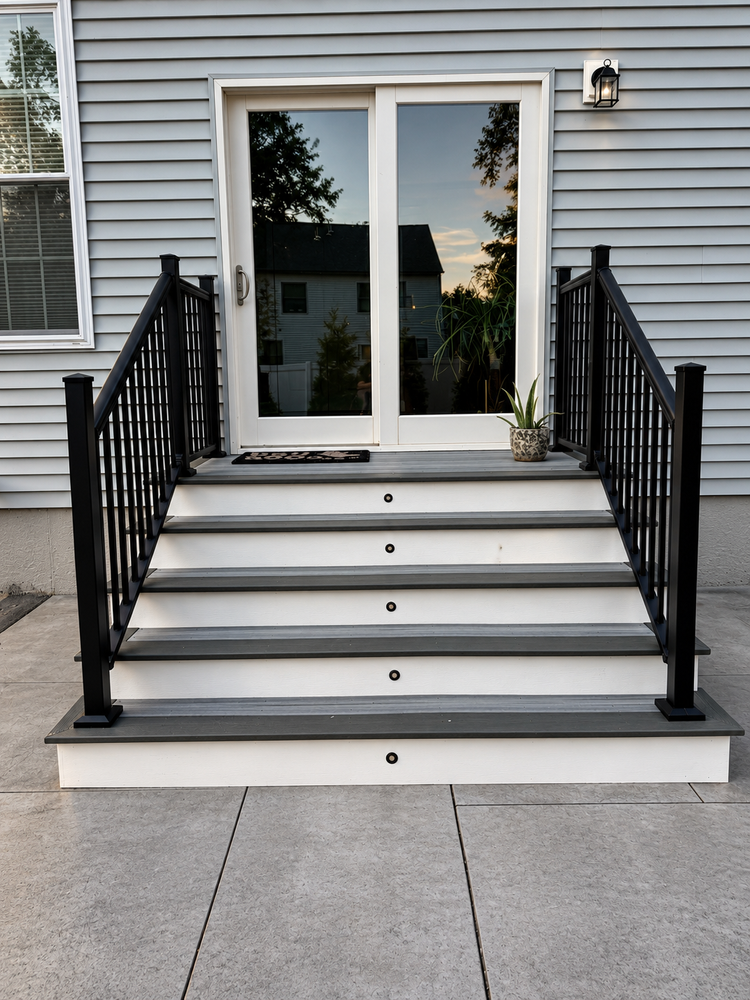 Trex steps with black railings and riser lights on a stamped concrete patio