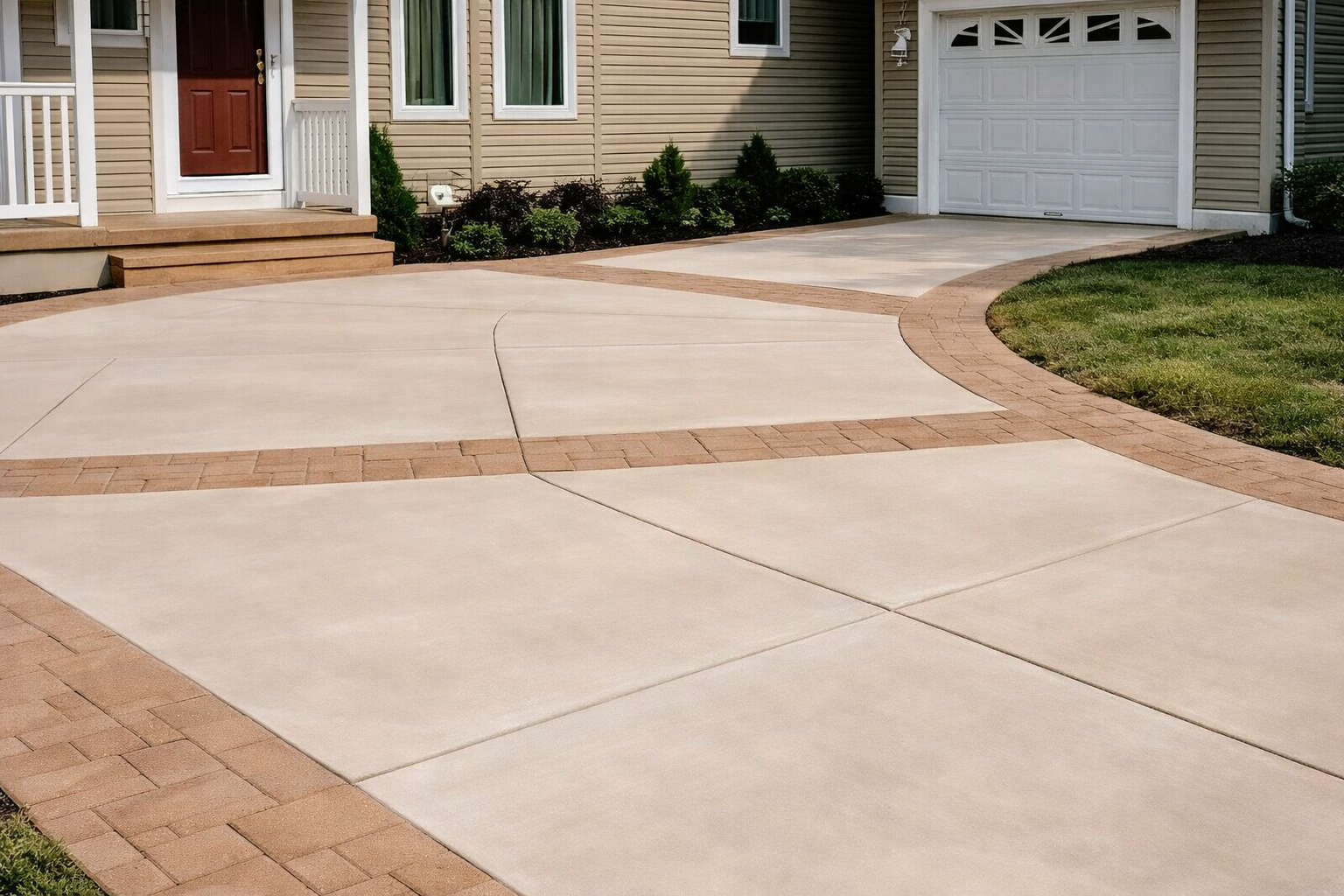 Concrete driveway with brick accents in front of a house, featuring steps leading to the front door, a garage, windows, flower beds, and a lawn.