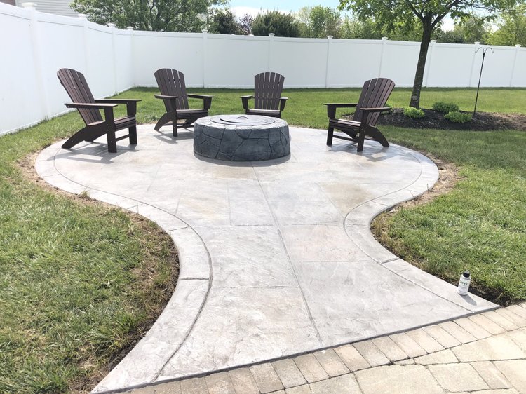 Stamped concrete fire pit patio area for outdoor entertaining in Bellmawr NJ by Patrick Breen Concrete