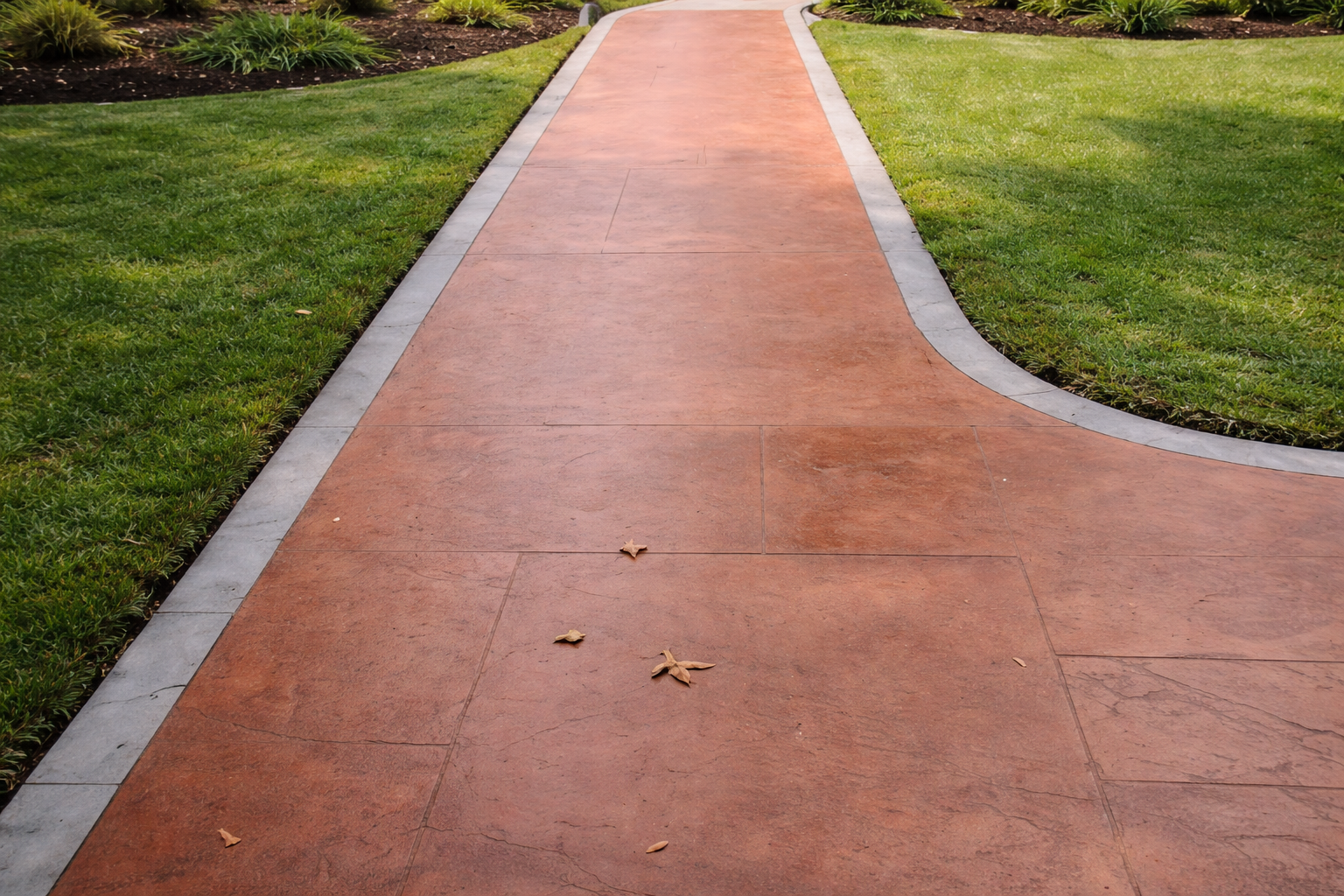 A red concrete walkway with gray borders, surrounded by green grass on both sides, with a few fallen leaves on the path.