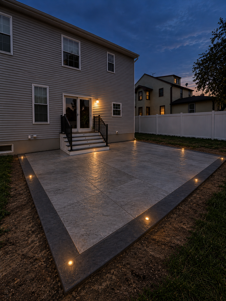 Stamped concrete patio with Trex steps and TruScape concrete dot lights at night