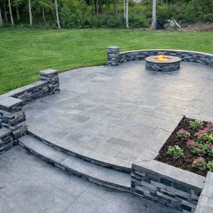 Stamped concrete patio with built-in seating wall in Mullica Hill NJ