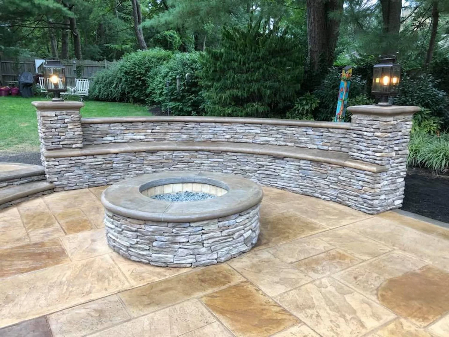 Complete outdoor living space with patio and fire feature built in Washington Township NJ by Patrick Breen Masonry & Concrete