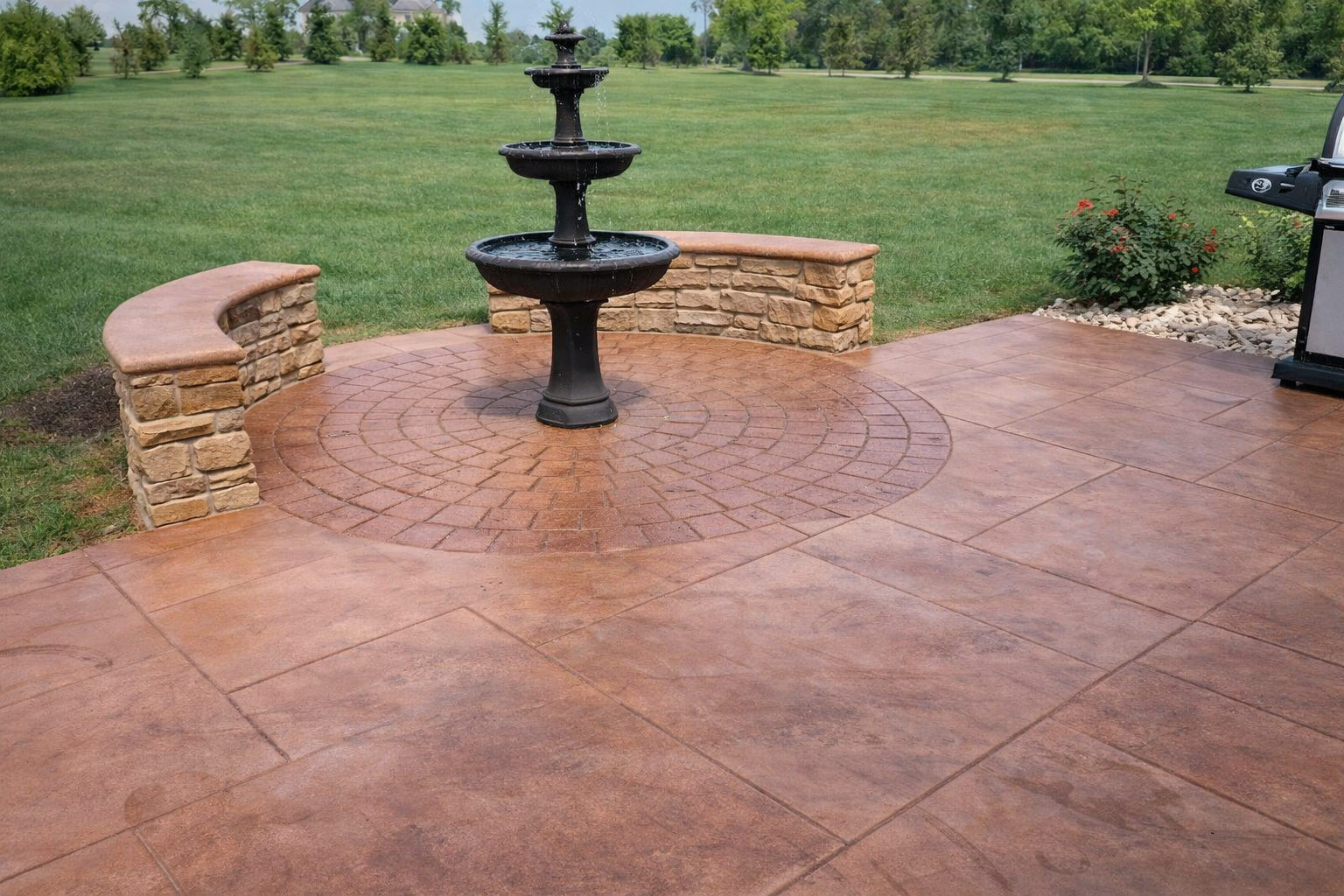 A backyard patio with a central black fountain, curved stone benches, and a landscaped area with a barbecue grill and a flower bush, overlooking a green lawn with trees.