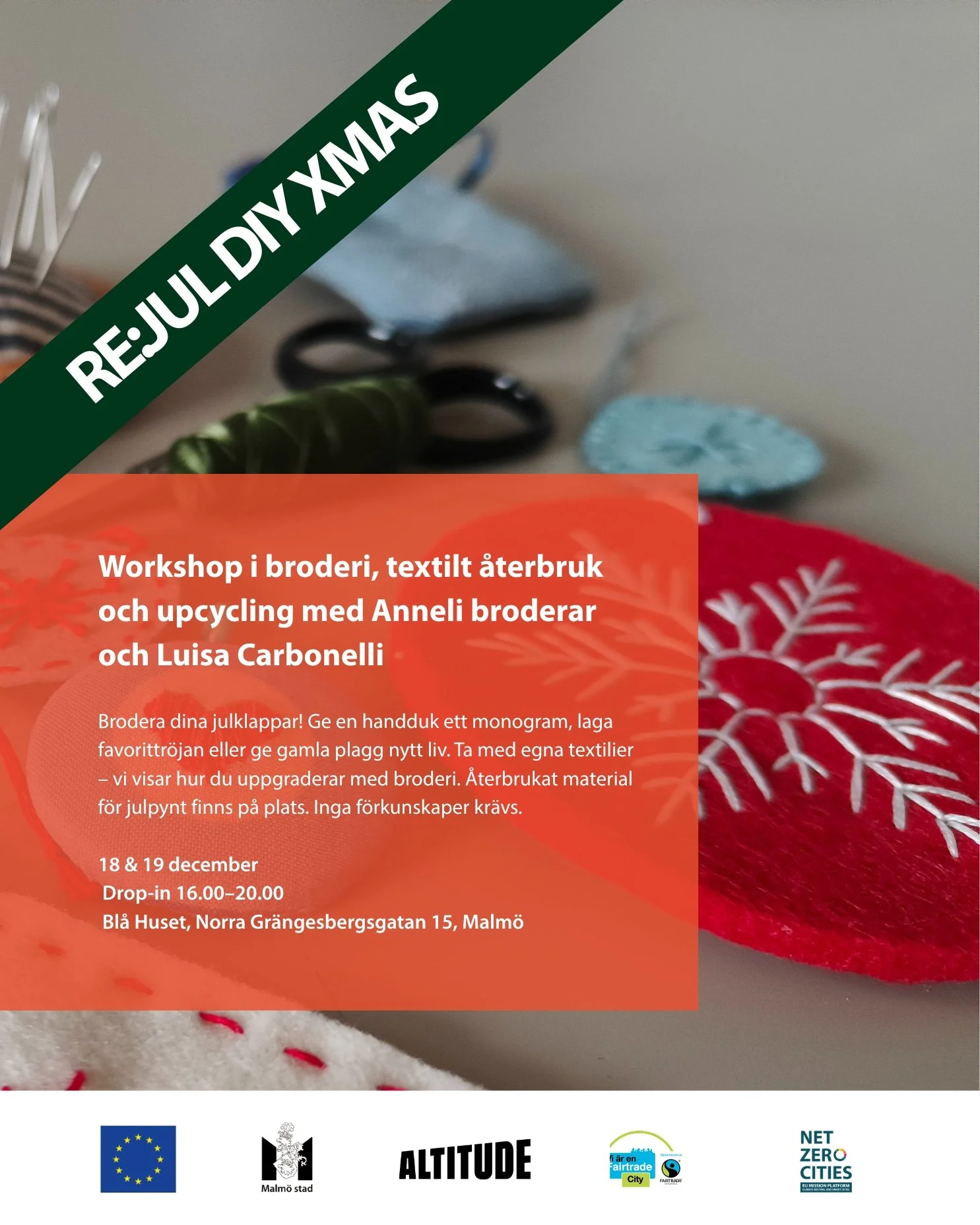 18 och 19 december har jag och Luisa @lararium_malmo workshop i broderi p&aring; Bl&aring; Huset, drop-in 16.00-20.00. Ta med egna begagnade textilier s&aring; visar vi hur du kan laga och pynta med broderi! Har du inget att brodera p&aring; s&aring;