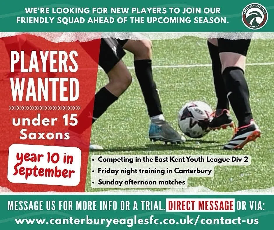 Canterbury Eagles U15s – Players Wanted for the 2025/26 Season!
We’re looking for new players to join our squad ahead of the upcoming season.
• Friday night training in Canterbury
• Sunday afternoon matches
If you’re in