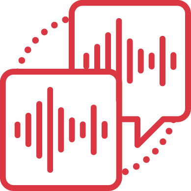Two speech bubbles containing sound wave icons connected with dotted lines.