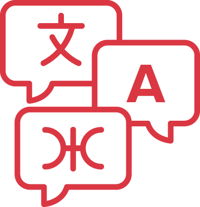 Icons of speech bubbles with language symbols for Chinese, English, and a currency or character.
