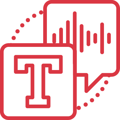 Icon of a microphone and speech bubble with sound waves, representing speech or audio communication.