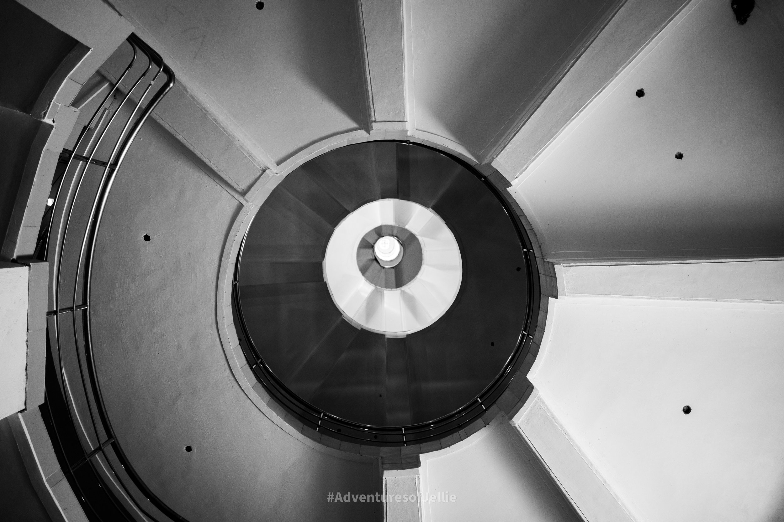 A view of the inside the base of the Ambuluwawa Tower in Gampola Sri Lanka. A spiral staircase leads to the top.