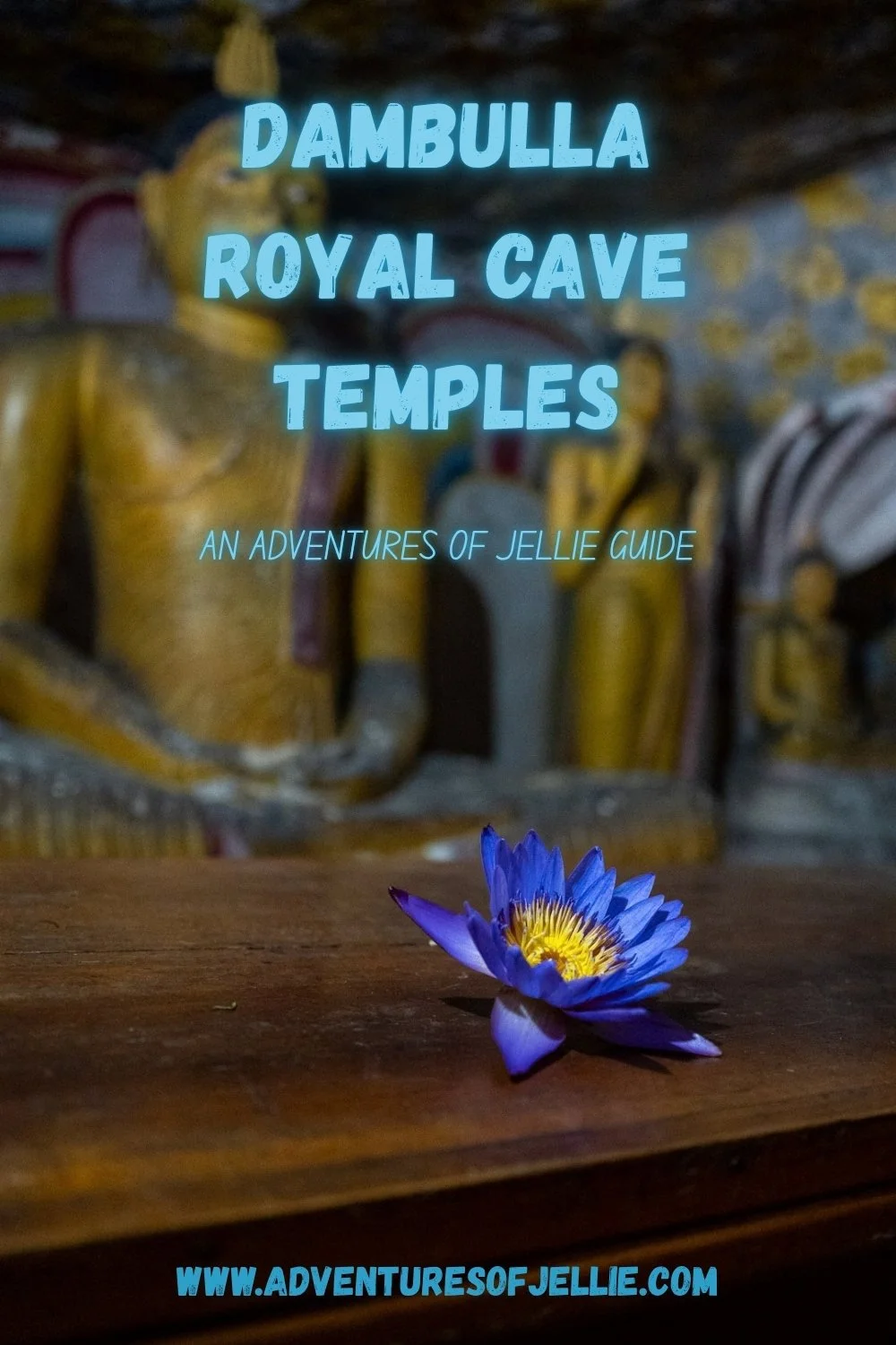 A Pinterest pin for the Adventures of Jellie guide to the Dambulla Cave Temples. A lotus flower sits in focus in the forground and in the background are blurred shapes of Buddha statues.