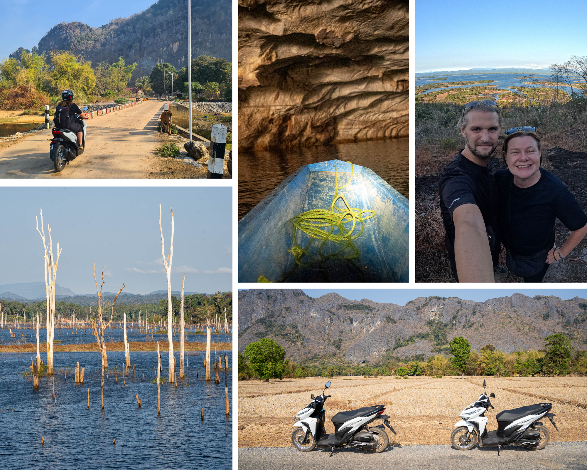A photo collage featuring images of the Thakhek Loop in Laos. Featuring the 'drowned forest', two parked white Honda Clicks, a blue boat travelling through Kong Lor Cave and an Adventure of Jellie selfie.