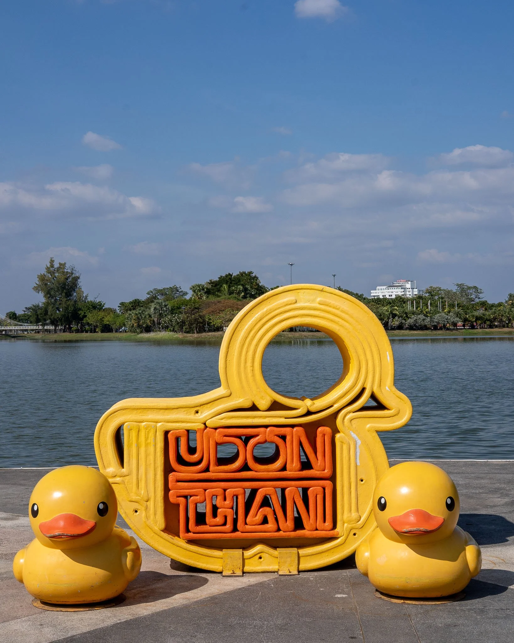 Two statues of  bight yellow rubber ducks with orange beaks sit next to a yellow metal outline of a duck with the words "Udon Thani" painted orange.