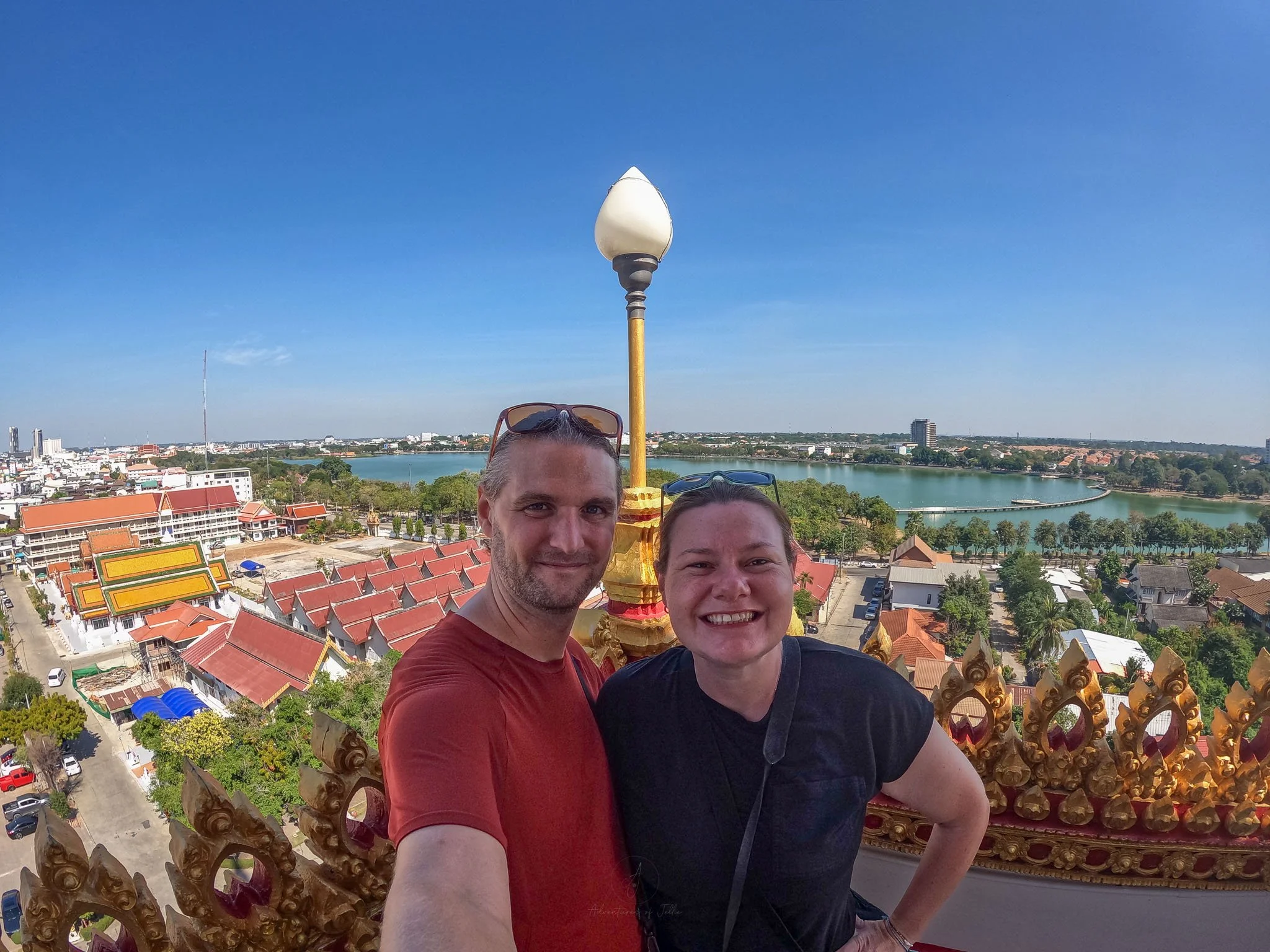 Adventures of Jellie pose for a GoPro selfie on top of the Phra Mahathat Kaen Nakhon (also known as Wat Nong Wang) temple in the middle of Khon Kaen