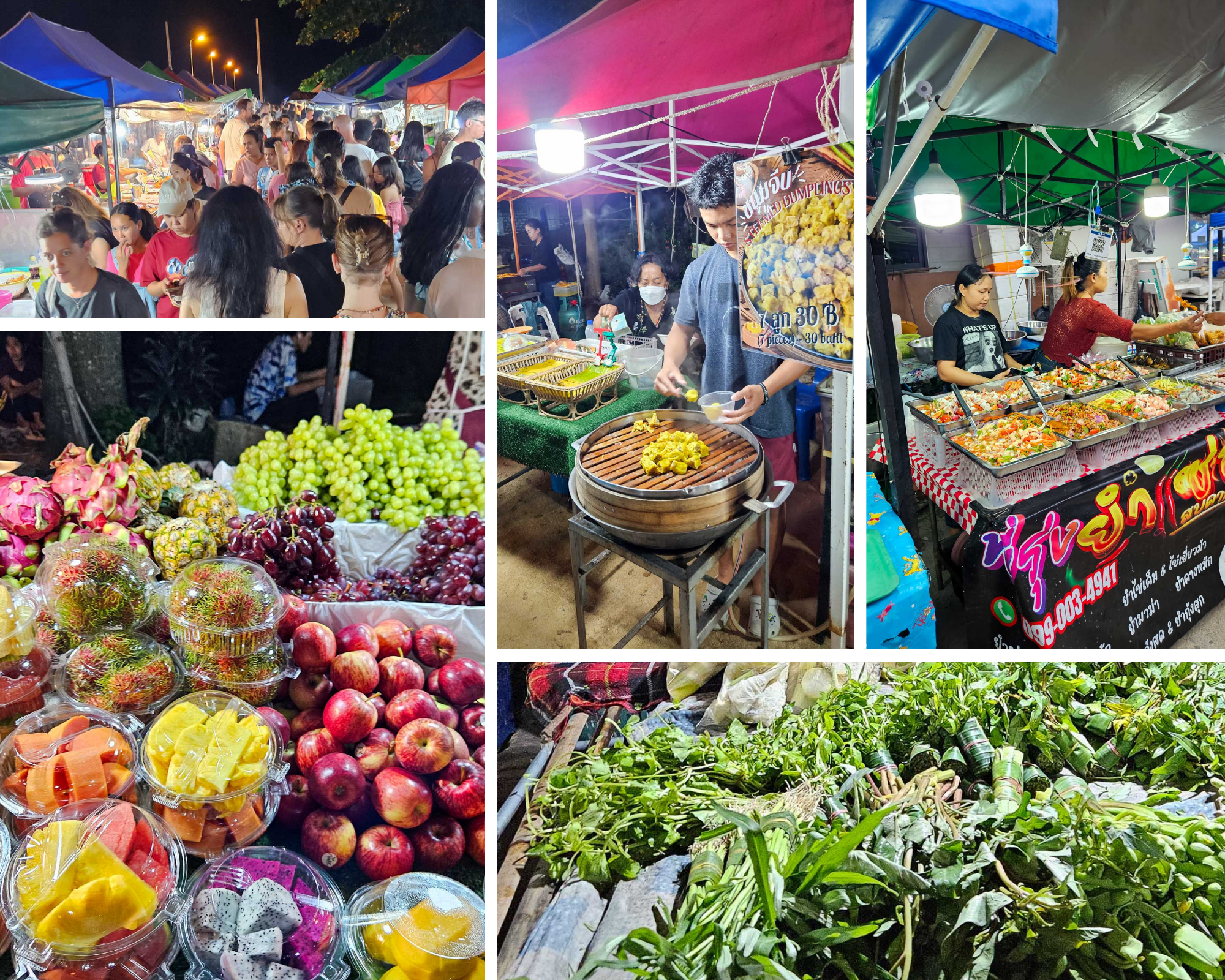 A 5 photo collage showing scenes from the Chaloklum Sunday Walking Street Night Market. Images feature a busy street lined with tents and stalls, a dumpling seller, a rice and curry stall and piles of fruit and green vegetables.