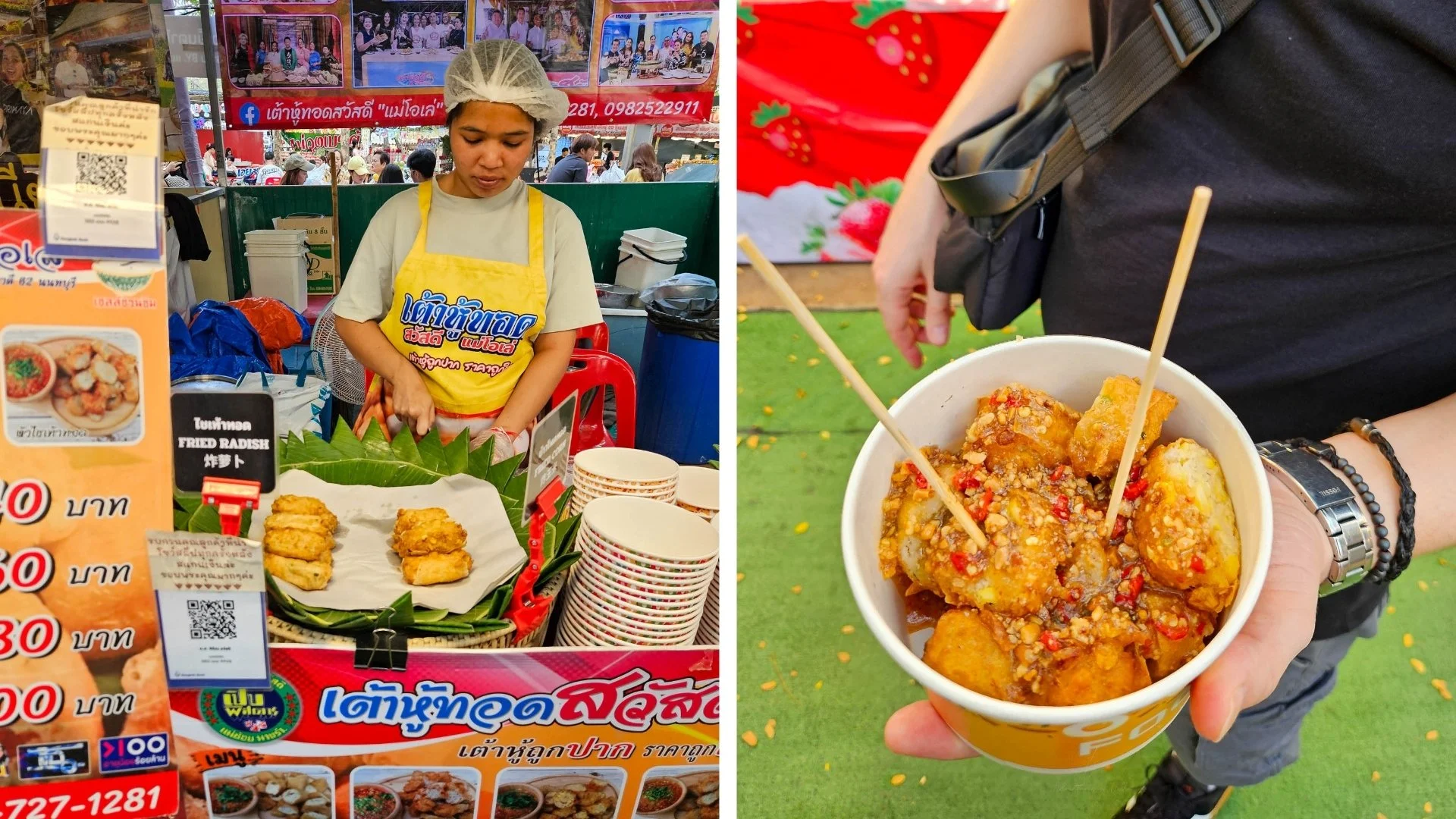 A two photo collage from the Kaset Fair. The first photo features a stall holder stood behind their fried goods stall. The second photo shows John holding a tub of deep fried sweetcorn, tofu and a sweet chilli and peanut sauce.