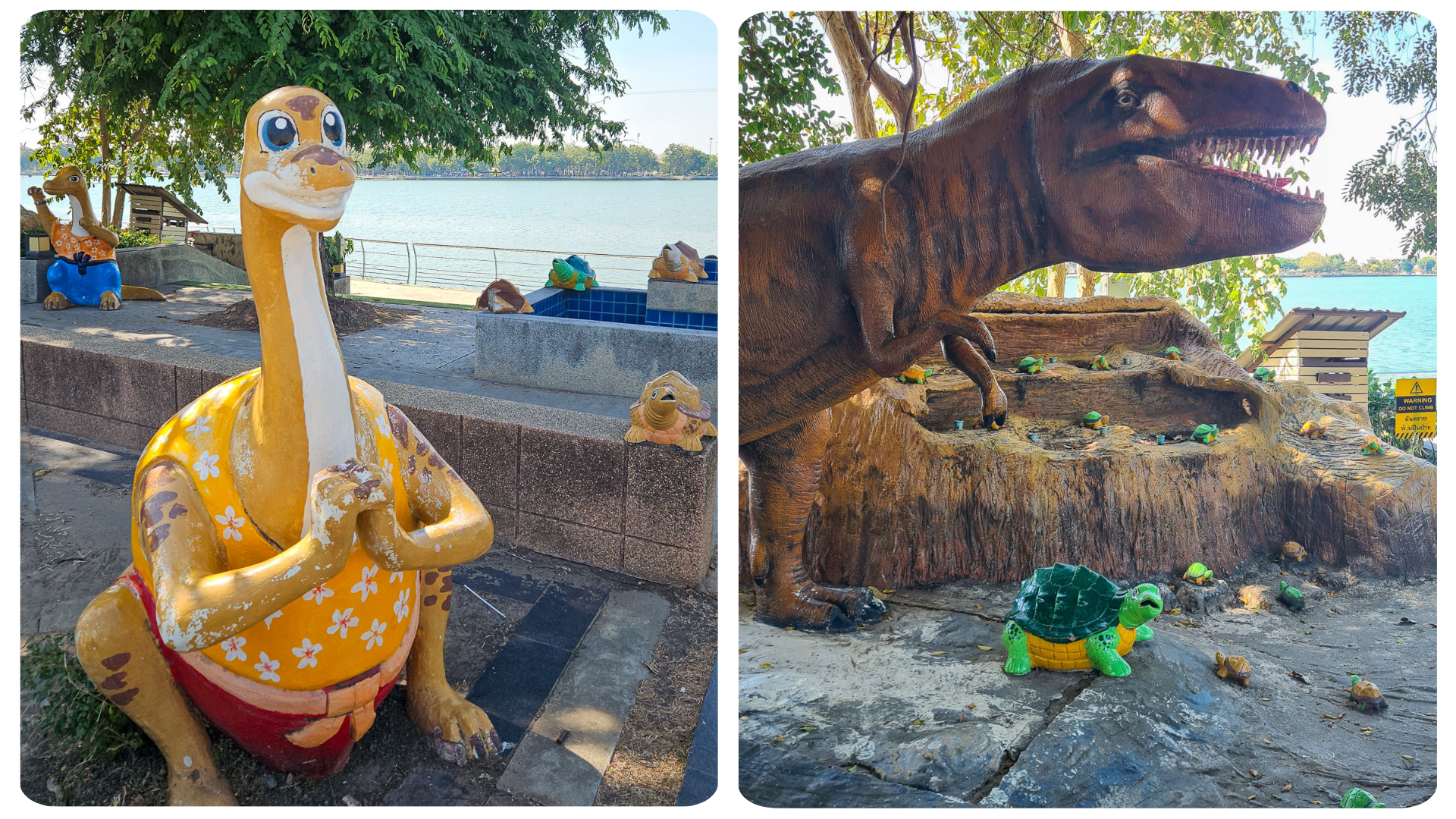 A two photo collage showing dinosaur and tortoise statues. On the left a yellow diplodocus is wearing a Hawaiian shirt and to the right a t-rex towers over a green shelled tortoise in Khon Kaen.