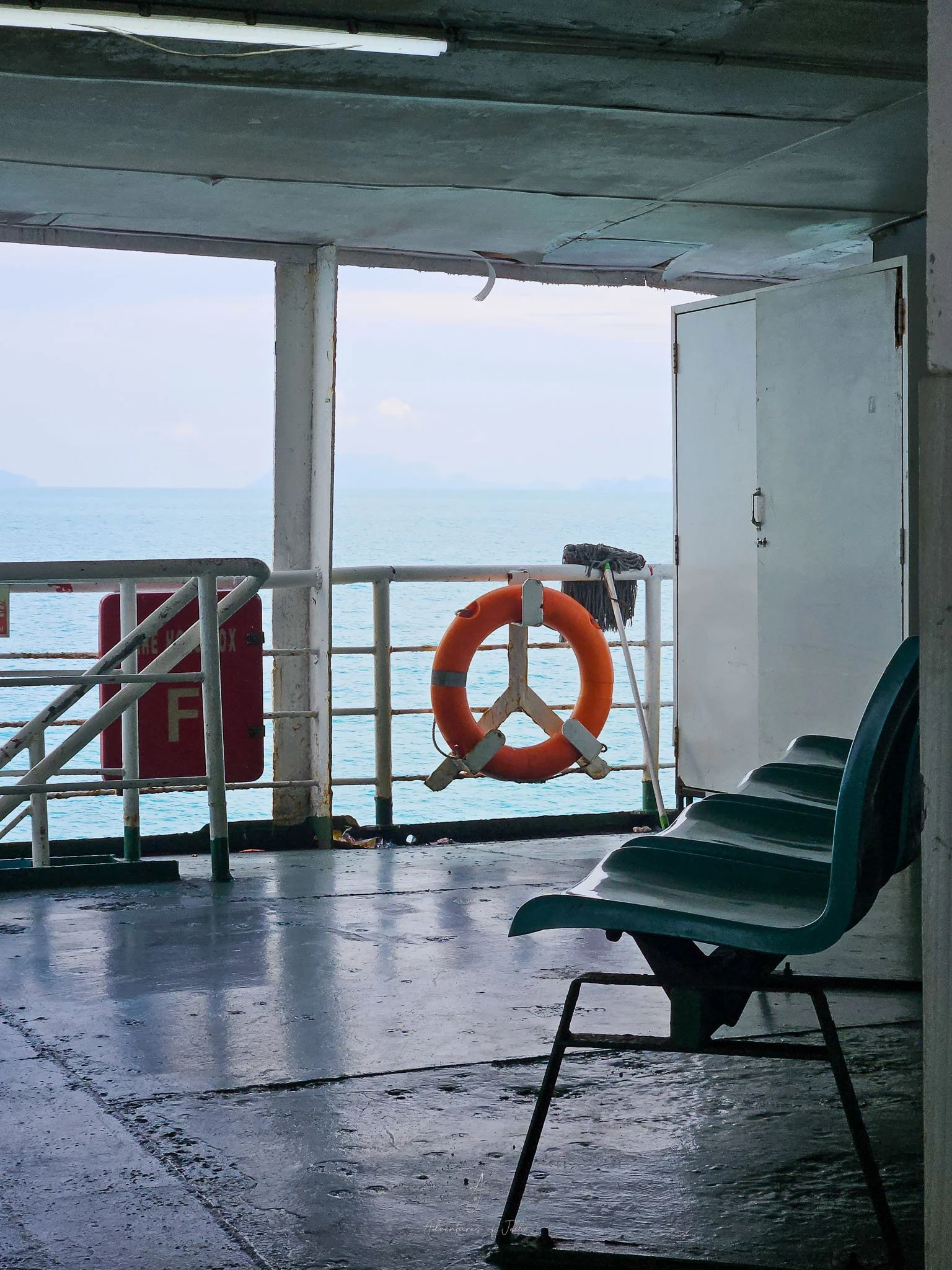 The outside seating area on the deck of the Raja ferry from Donsak Pier to Koh Phangan.