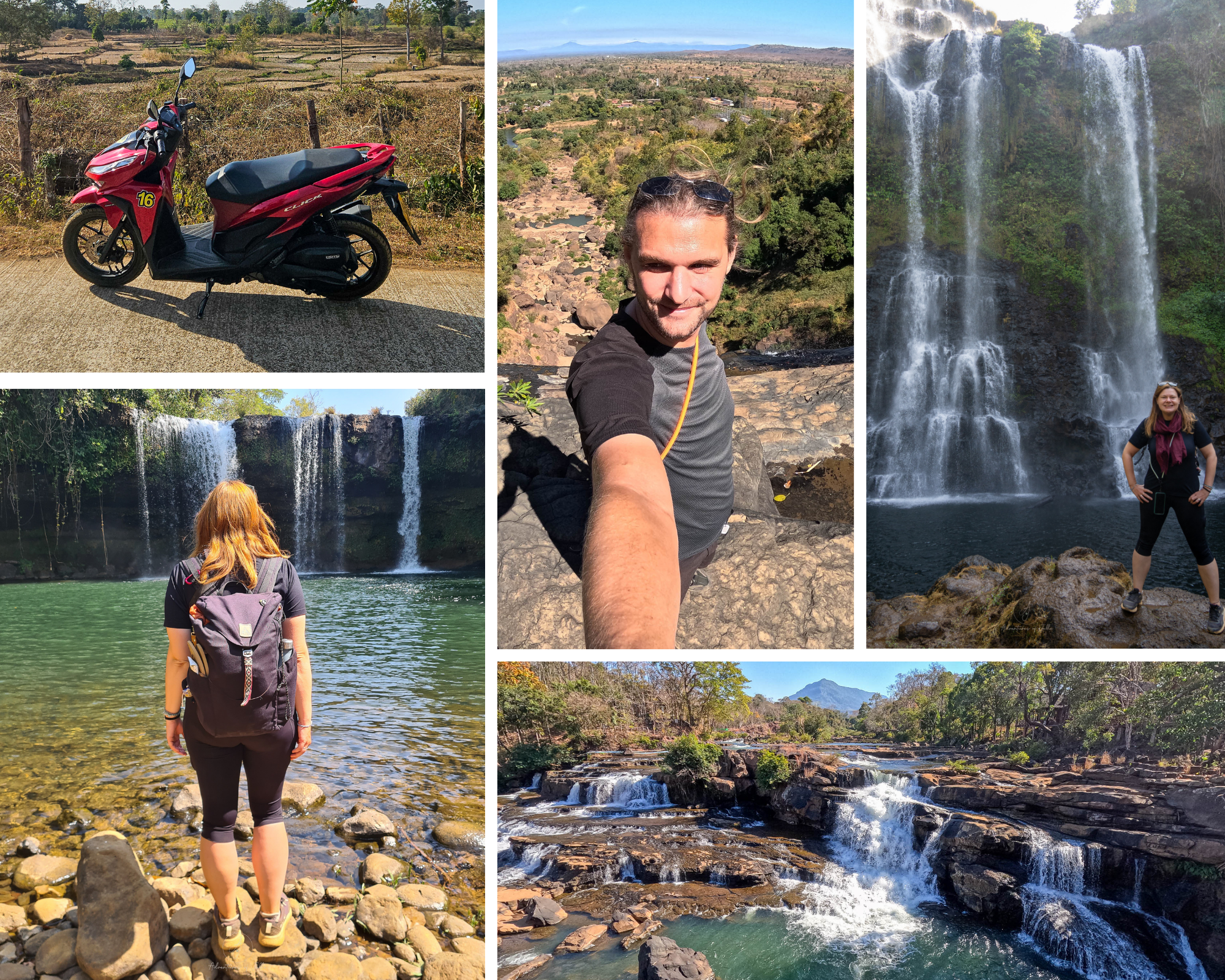 A photo collage showing a series of images from Laos' Bolaven Loop including a red Honda Click parked on the road, Adventure of Jellie selfies and waterfalls.