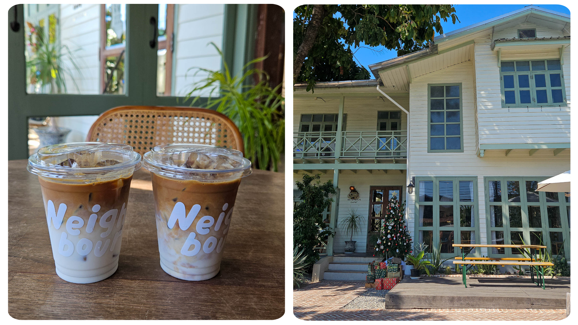 A two photo collage from Neighbour Cafe in Khon Kaen. The left image features two iced lattes sitting on a wooden table and the right hand image shows the green and cream wooden exterior of the coffee shop.