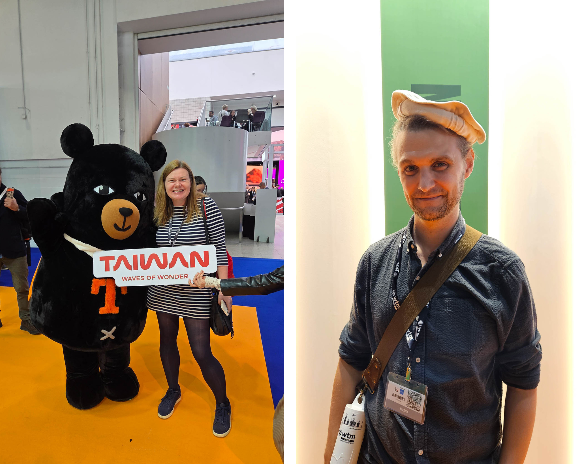 A two photo collage from the World Travel Market in London. On the left, Ellie poses in a blue and white striped dress with a black bear mascot from Taiwan. To the right, John is seen posing for a photo whilst wearing a Pakistani hat.