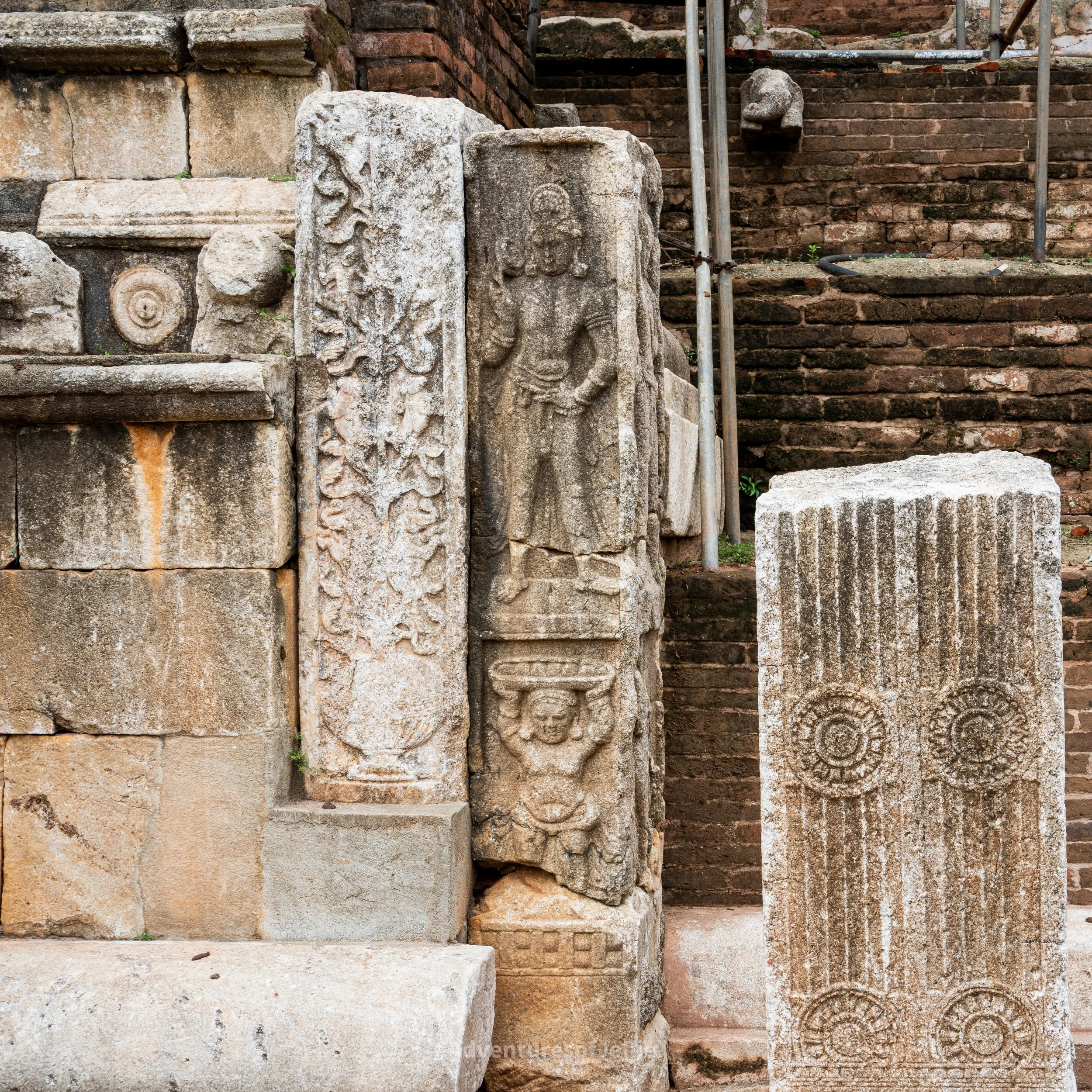 Ornate carvings decorate the ruins at Anuradhapura ancient city, Sri Lanka