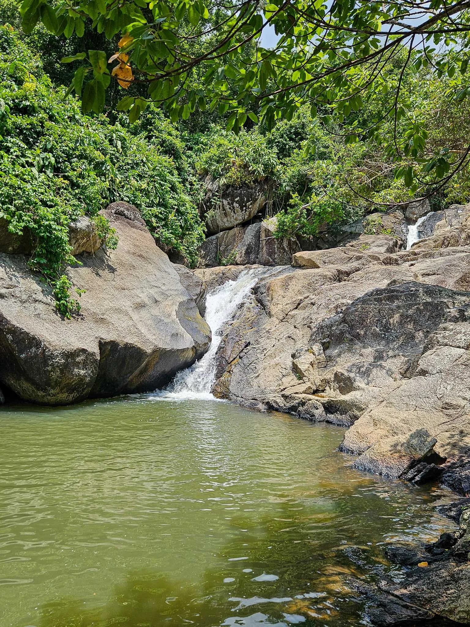 A white waterfall falls down over rocks into a green pool of water in Namtok Than Sadet National Park on Koh Phangan.