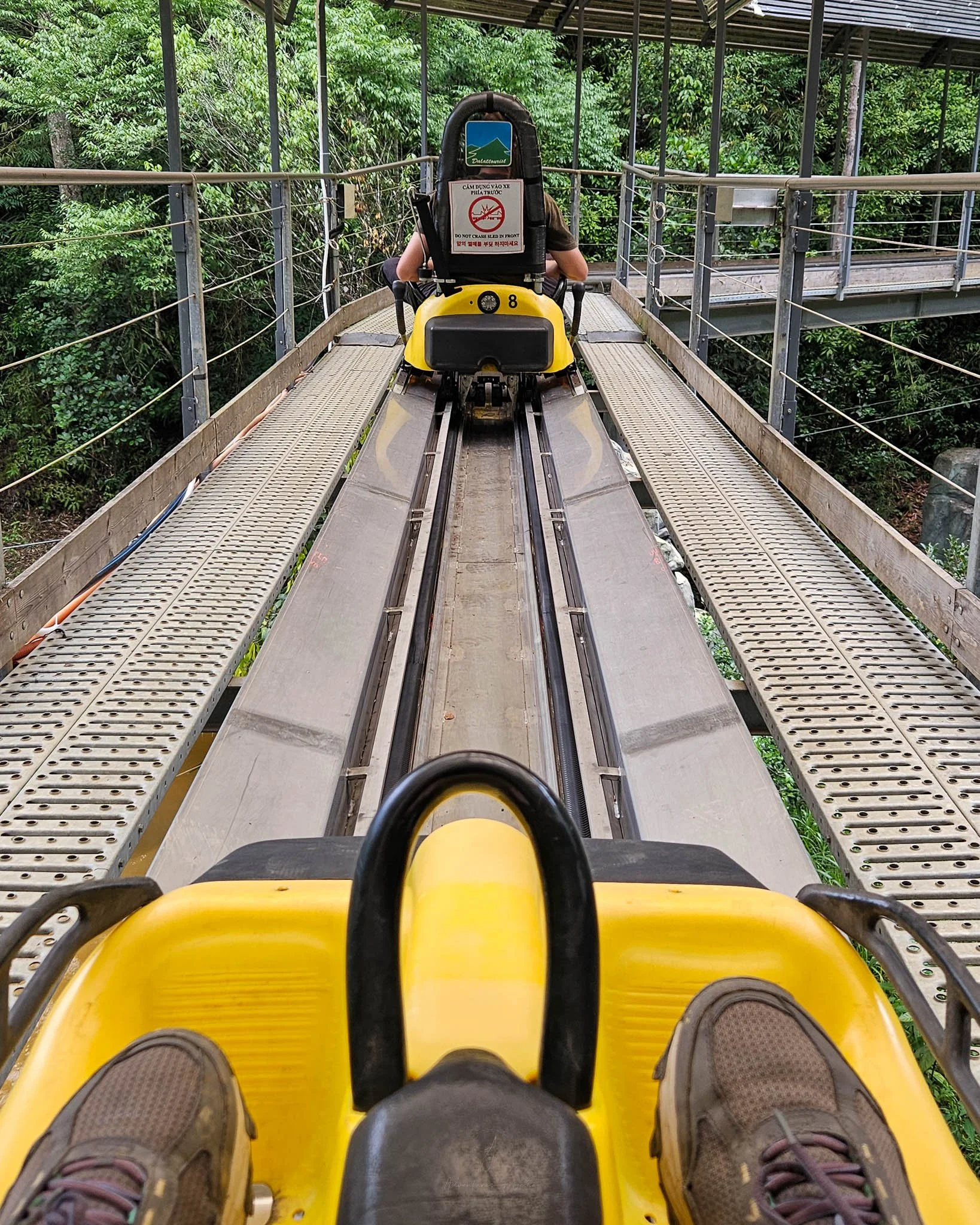 A view from Dalat's famous alpine coaster taken from the point of view someone riding it. In front of the viewer John sits in his own yellow and black roller coaster car on the tracks.