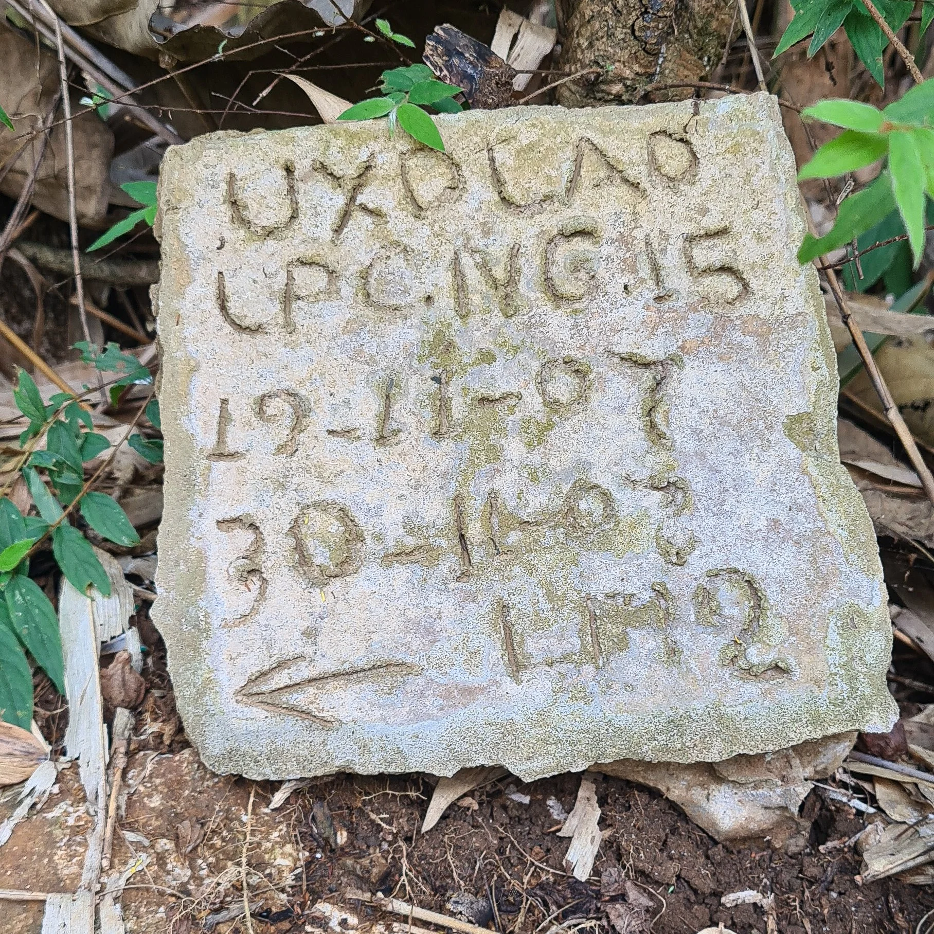 A carved concrete sign warns people about the location of an unexploded UXO in Nong Khiaw Laos.