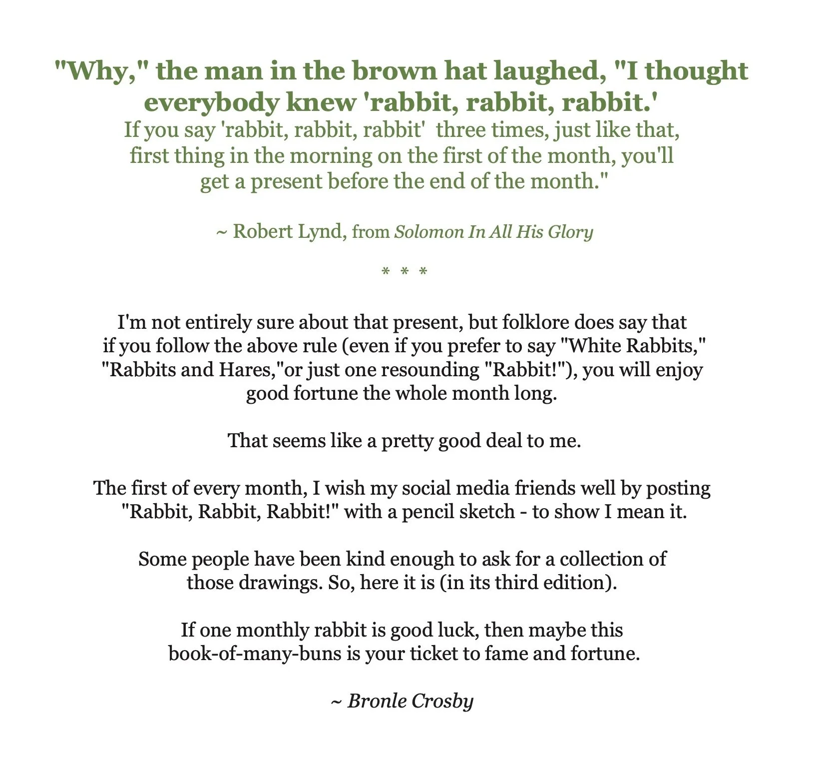 Preview of book intro from Rabbit, Rabbit, Rabbit: for good luck on the first of the month book by Bronle Crosby